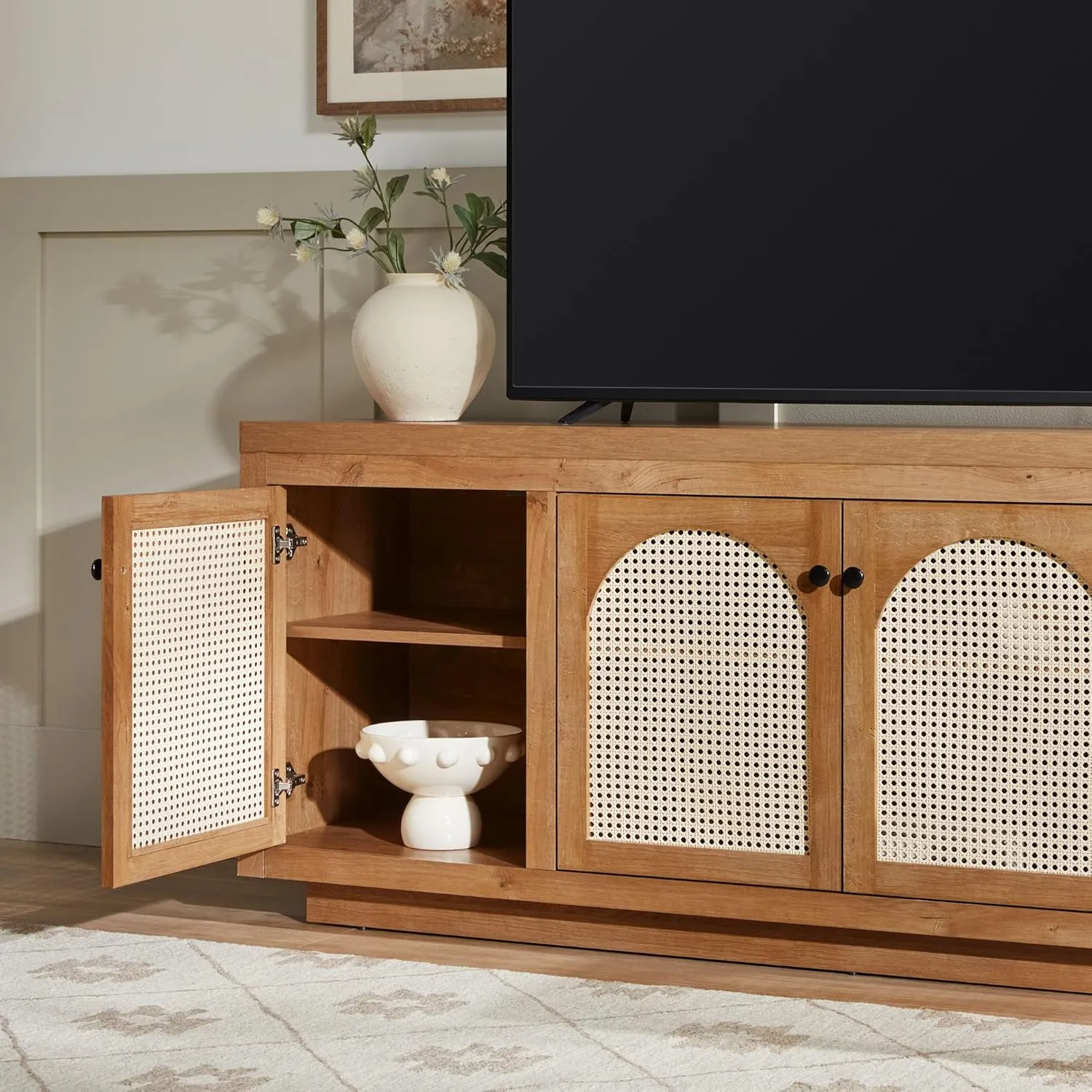 Walker Edison Sasha 70" TV Stand, Buffet, Sideboard with Rattan Doors, Cabinet with Cord Management, 18" D x 27" H, English Oak