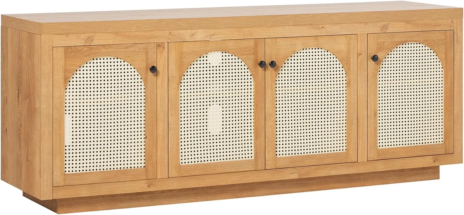 Walker Edison Sasha 70" TV Stand, Buffet, Sideboard with Rattan Doors, Cabinet with Cord Management, 18" D x 27" H, English Oak