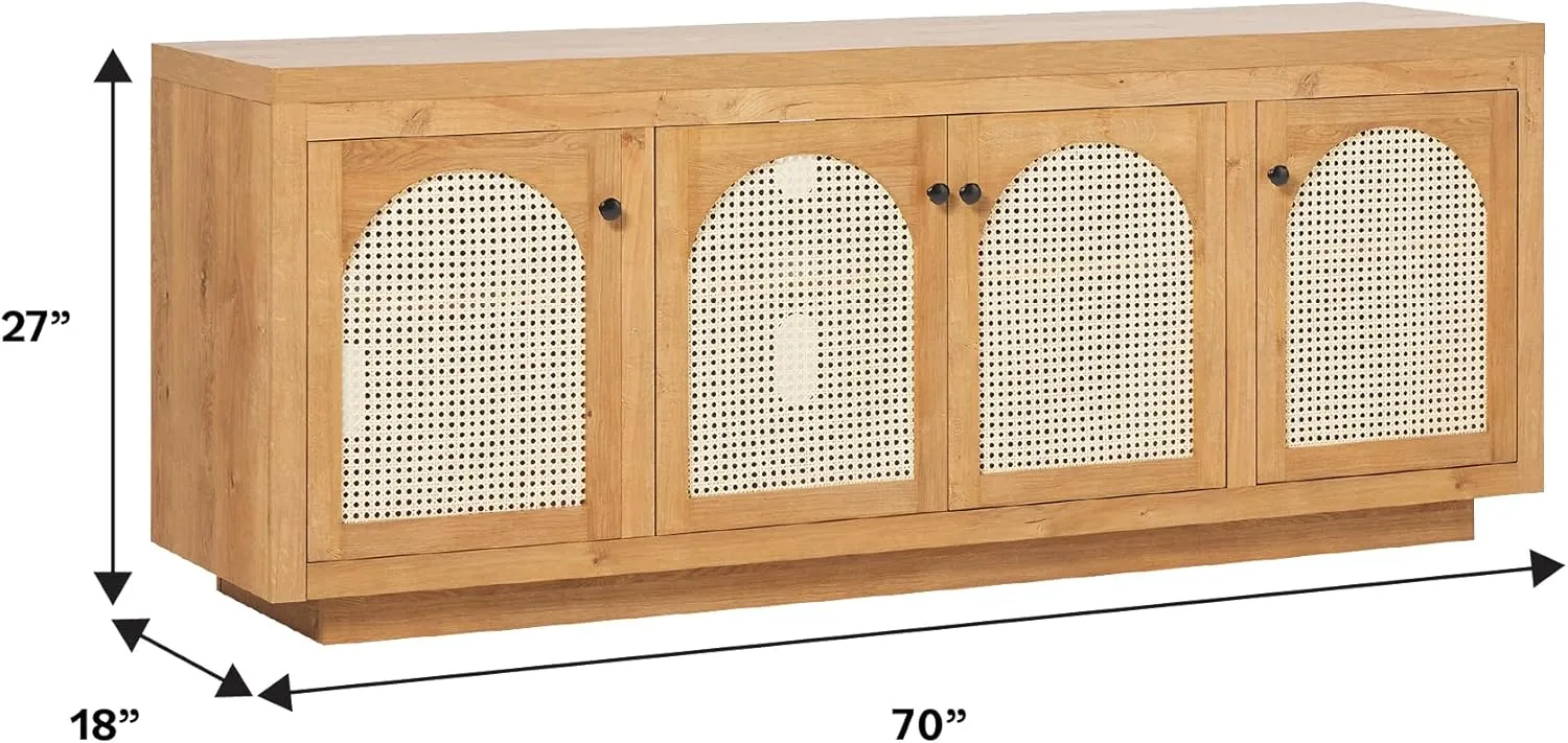 Walker Edison Sasha 70" TV Stand, Buffet, Sideboard with Rattan Doors, Cabinet with Cord Management, 18" D x 27" H, English Oak