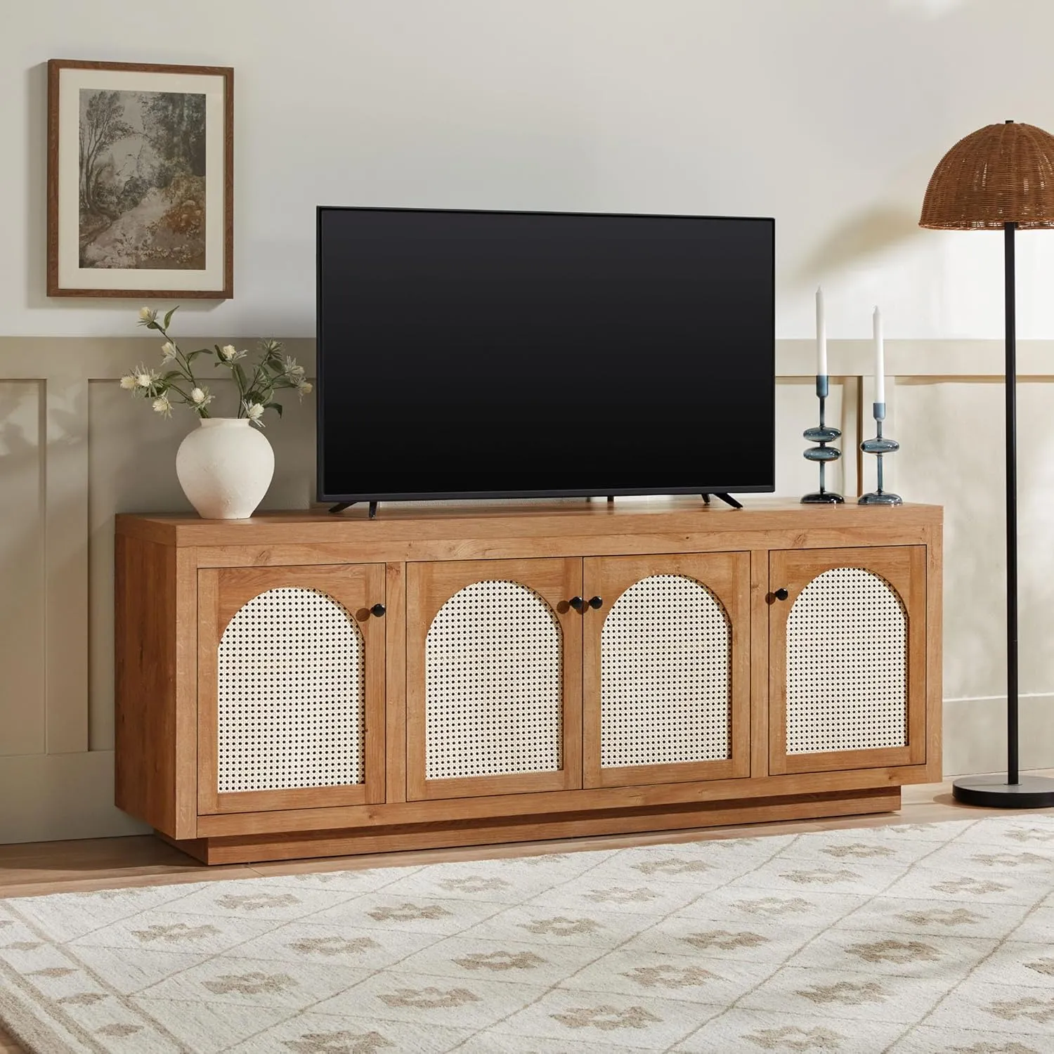 Walker Edison Sasha 70" TV Stand, Buffet, Sideboard with Rattan Doors, Cabinet with Cord Management, 18" D x 27" H, English Oak