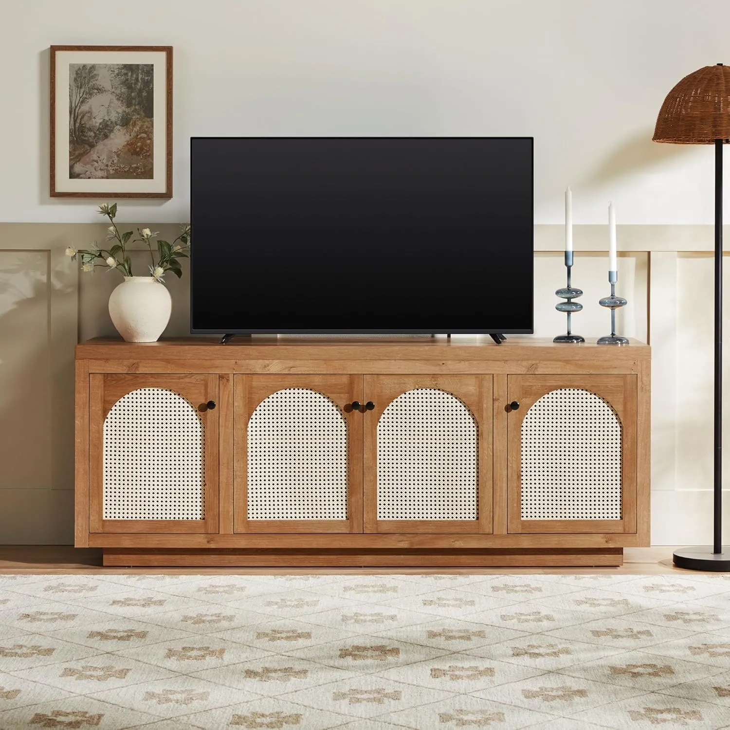 Walker Edison Sasha 70" TV Stand, Buffet, Sideboard with Rattan Doors, Cabinet with Cord Management, 18" D x 27" H, English Oak