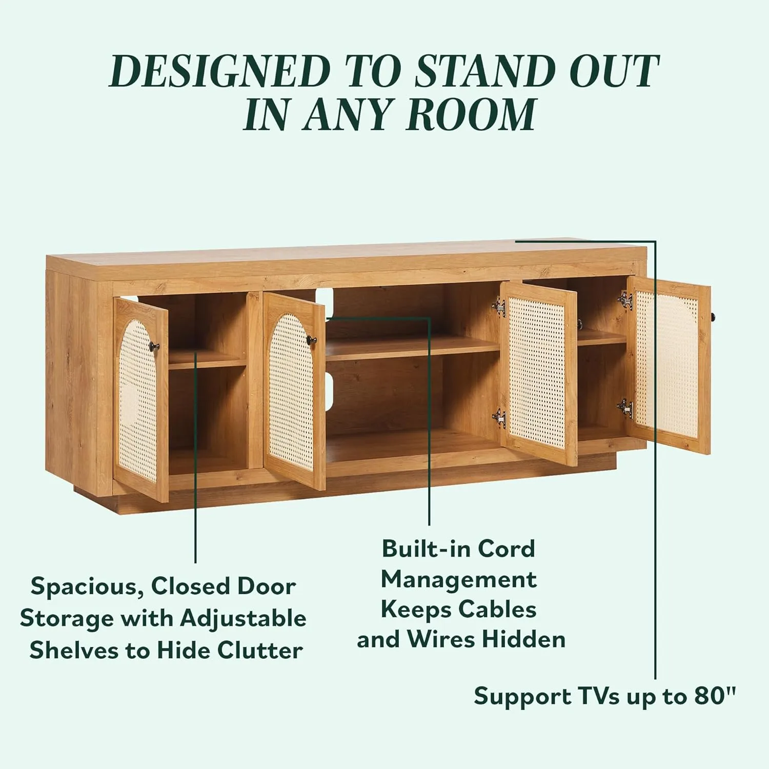 Walker Edison Sasha 70" TV Stand, Buffet, Sideboard with Rattan Doors, Cabinet with Cord Management, 18" D x 27" H, English Oak