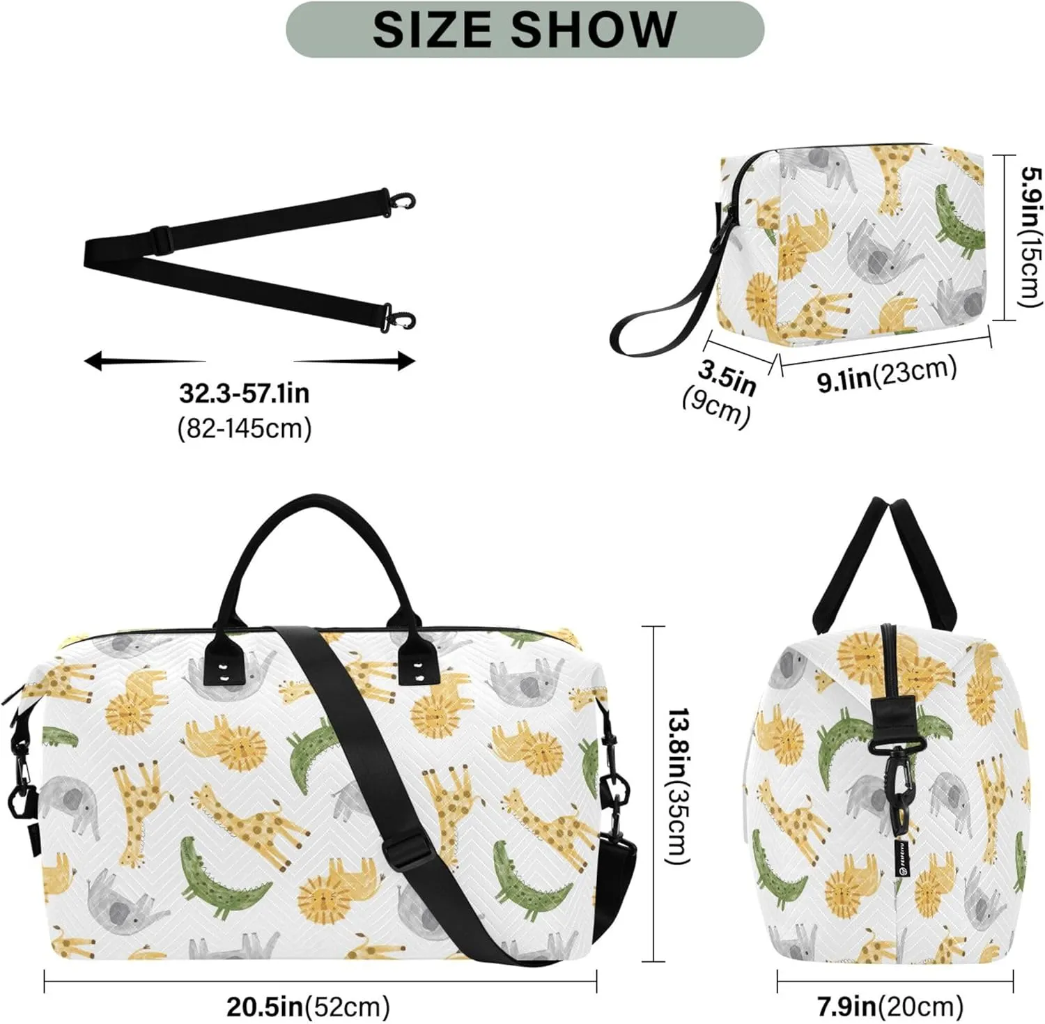 Watercolor Animals Elephant Giraffe Duffle Travel Bag Toiletry Pouches Set, Animal Tote Gym Bag Weekender Bags