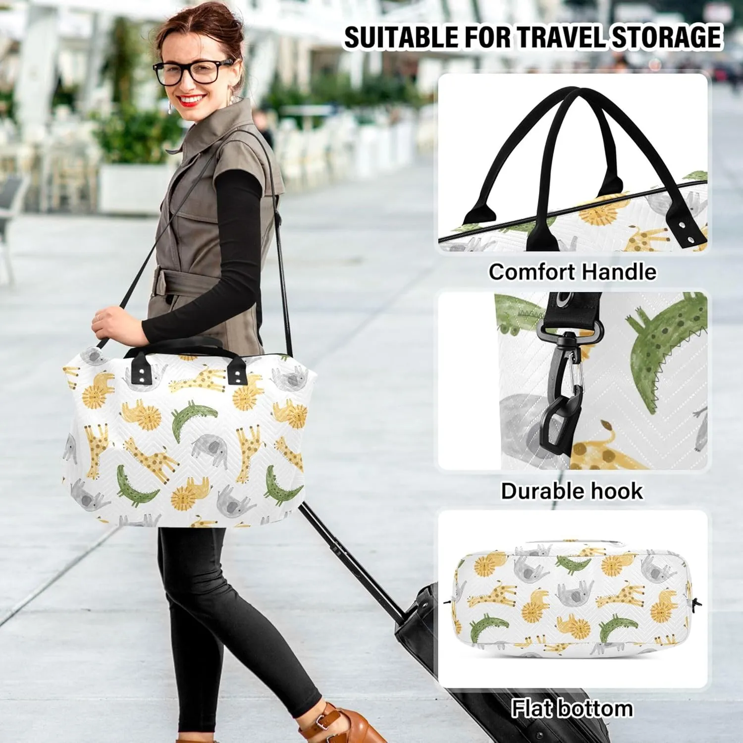 Watercolor Animals Elephant Giraffe Duffle Travel Bag Toiletry Pouches Set, Animal Tote Gym Bag Weekender Bags