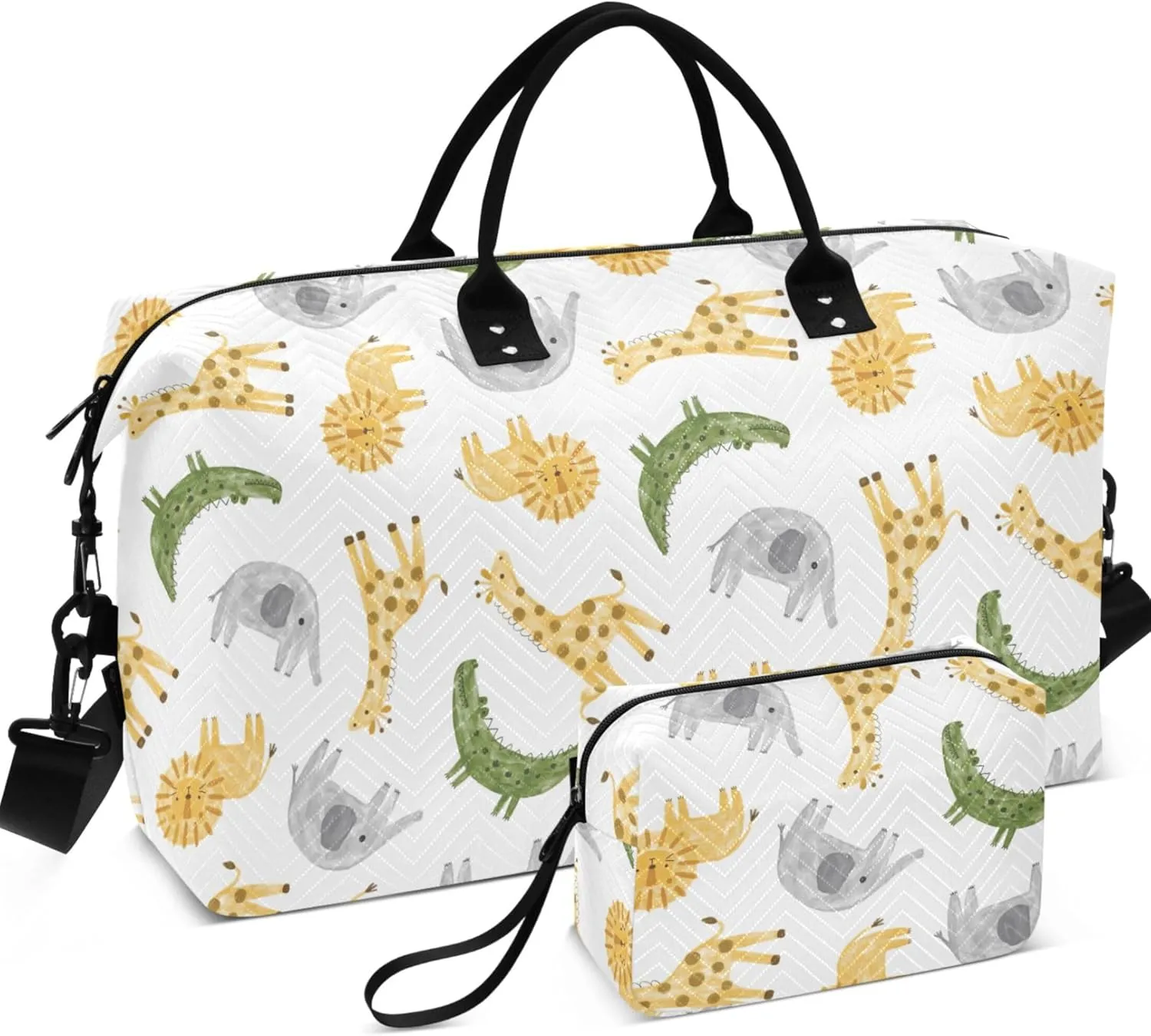 Watercolor Animals Elephant Giraffe Duffle Travel Bag Toiletry Pouches Set, Animal Tote Gym Bag Weekender Bags