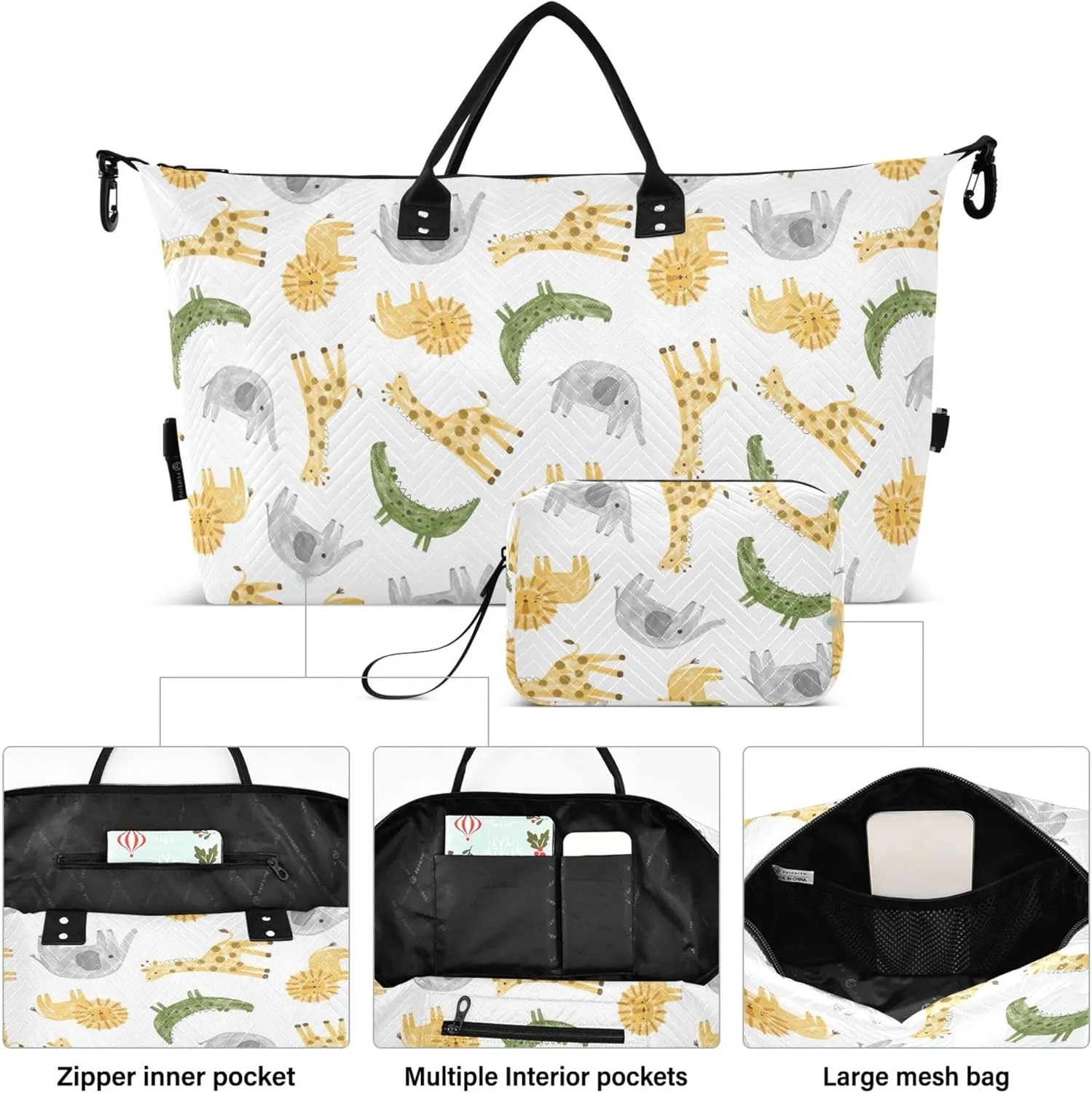 Watercolor Animals Elephant Giraffe Duffle Travel Bag Toiletry Pouches Set, Animal Tote Gym Bag Weekender Bags