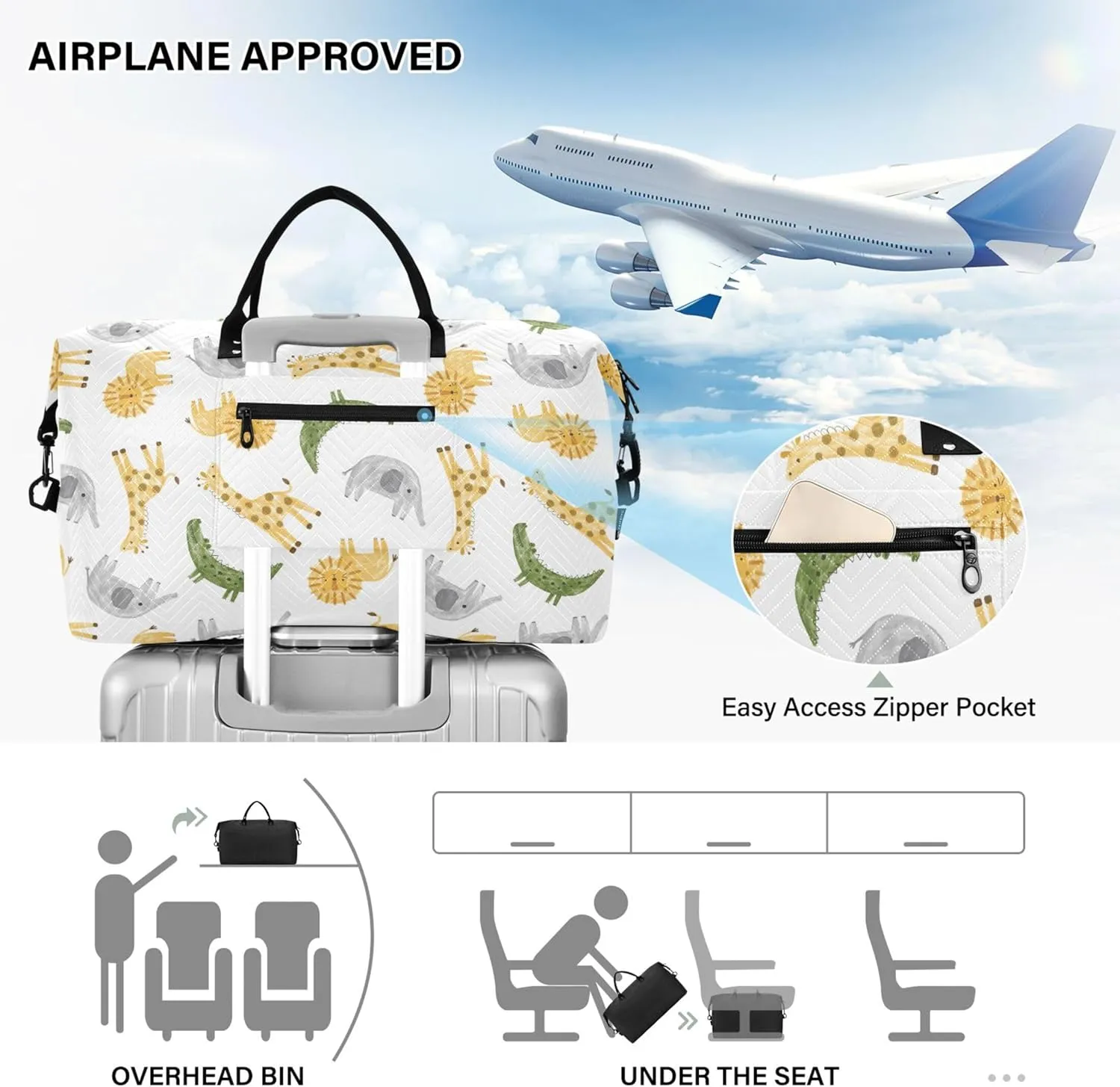 Watercolor Animals Elephant Giraffe Duffle Travel Bag Toiletry Pouches Set, Animal Tote Gym Bag Weekender Bags