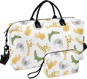 Watercolor Animals Elephant Giraffe Duffle Travel Bag Toiletry Pouches Set, Animal Tote Gym Bag Weekender Bags