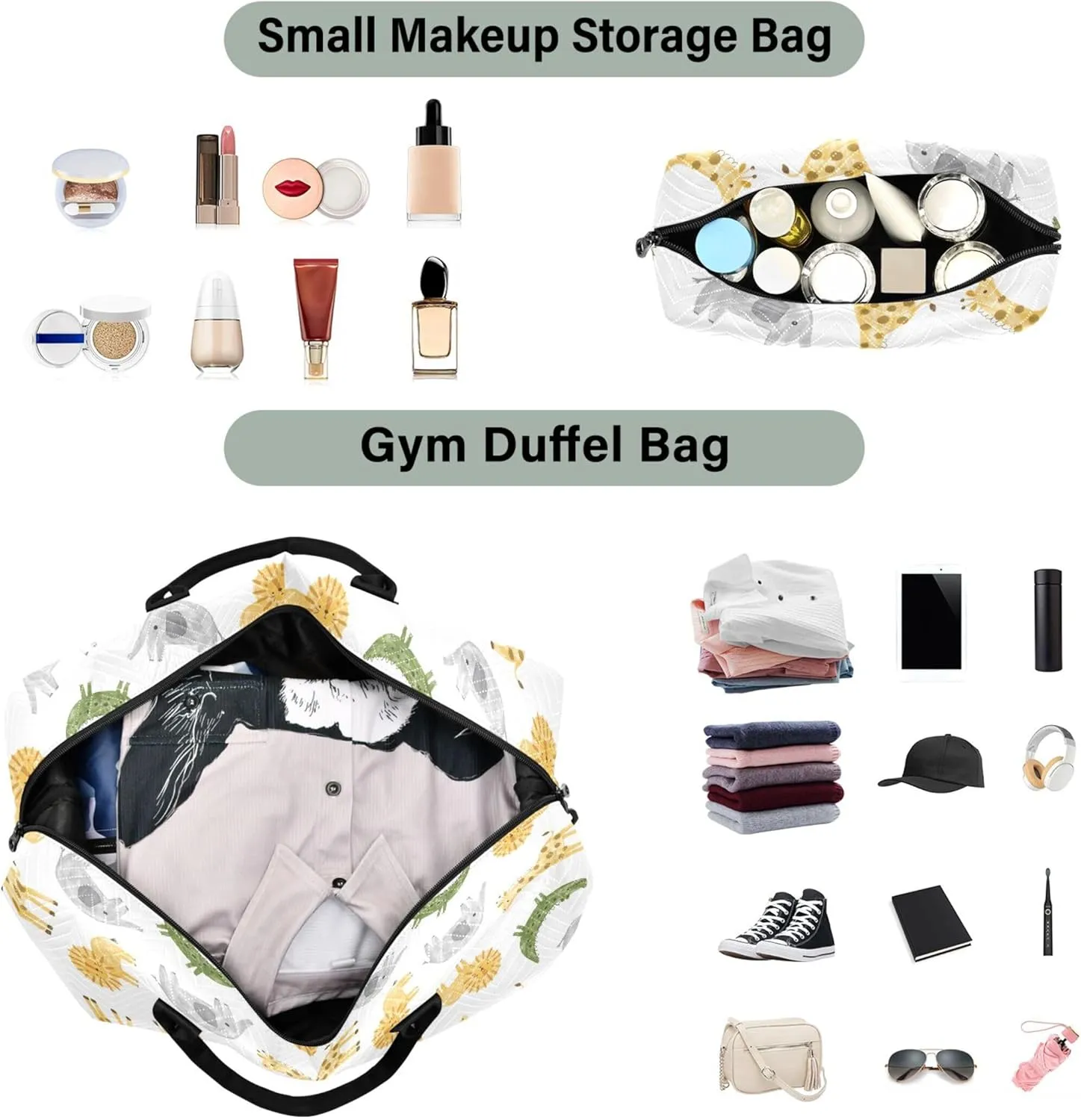 Watercolor Animals Elephant Giraffe Duffle Travel Bag Toiletry Pouches Set, Animal Tote Gym Bag Weekender Bags