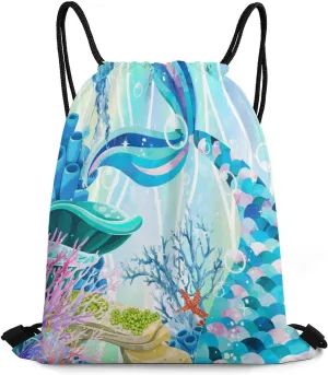 Watercolor Cartoon Mermaid Scales Drawstring Bags Drawstring Backpack For Gym Travel Hiking Camping