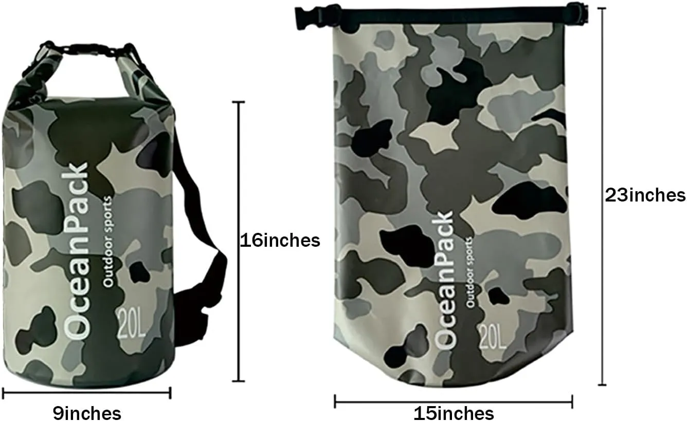 Waterproof Dry Bag 5L/10L/20L for men- PVC Material, Camo Design, Single/Dual Shoulder Straps for Kayaking, Swimming, Beach, Boating & Outdoor Activities (GREEN CAMO, 20L)