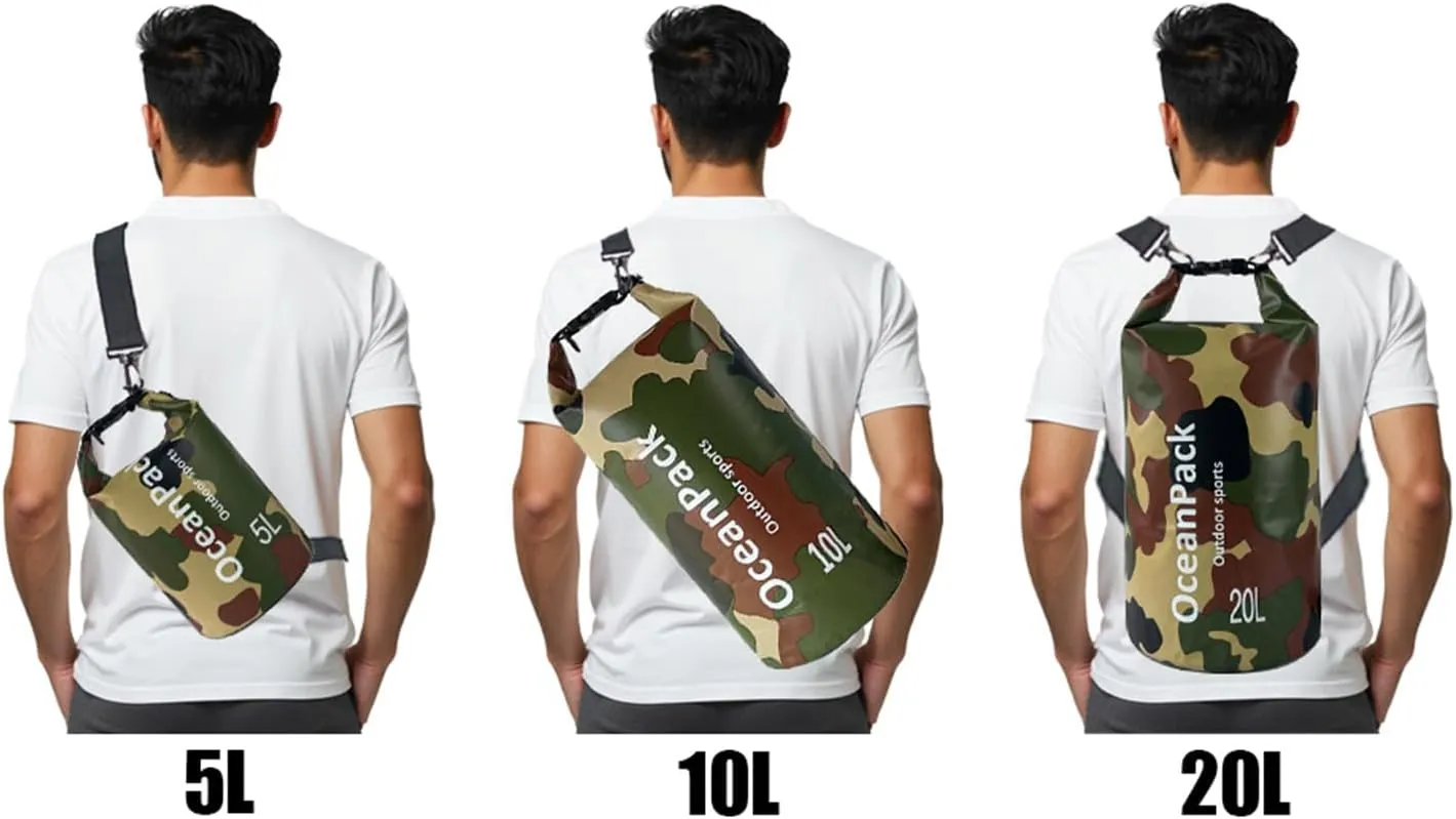 Waterproof Dry Bag 5L/10L/20L for men- PVC Material, Camo Design, Single/Dual Shoulder Straps for Kayaking, Swimming, Beach, Boating & Outdoor Activities (GREEN CAMO, 20L)