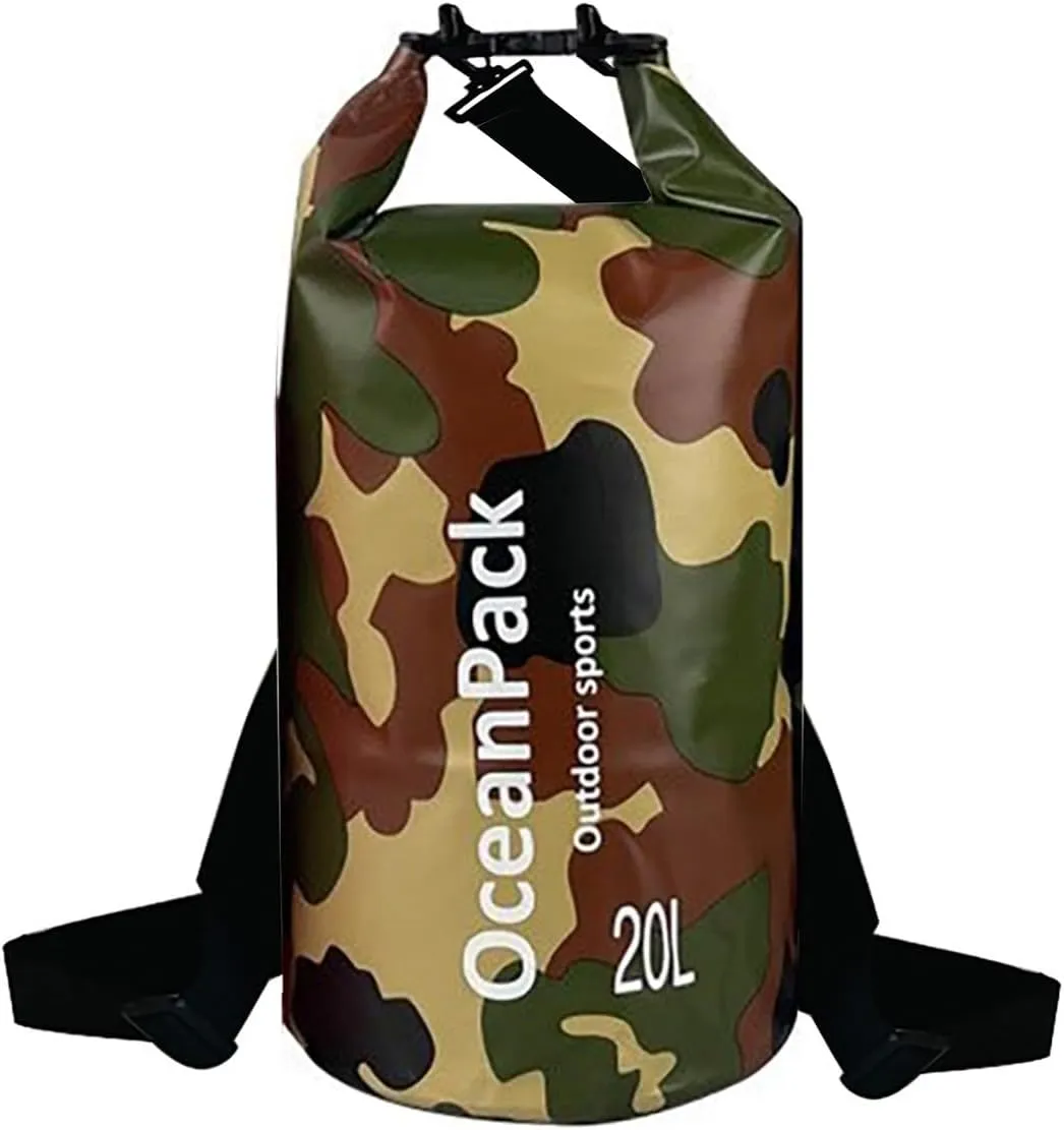 Waterproof Dry Bag 5L/10L/20L for men- PVC Material, Camo Design, Single/Dual Shoulder Straps for Kayaking, Swimming, Beach, Boating & Outdoor Activities (GREEN CAMO, 20L)
