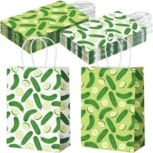Watersay 24 Pcs Pickle Paper Goodie Bags Funny Christmas Food Cucumber Gift Bags Pickle Party Decorations Organic wrapping paper Birthday Party Treat Bags with Handles for Kitchen Pickle Lover