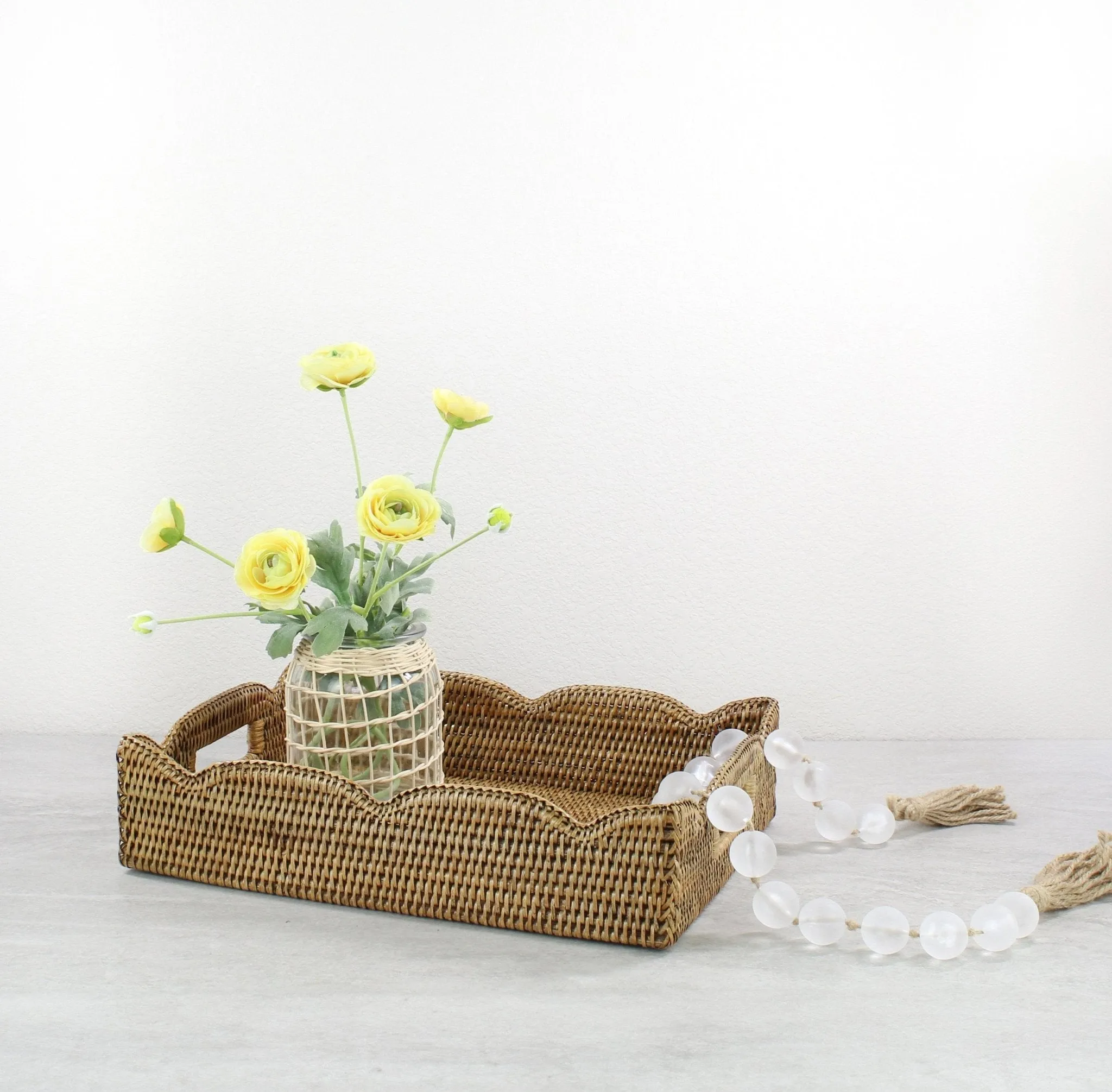 Waved Edge Rattan Tray with Handles-Medium
