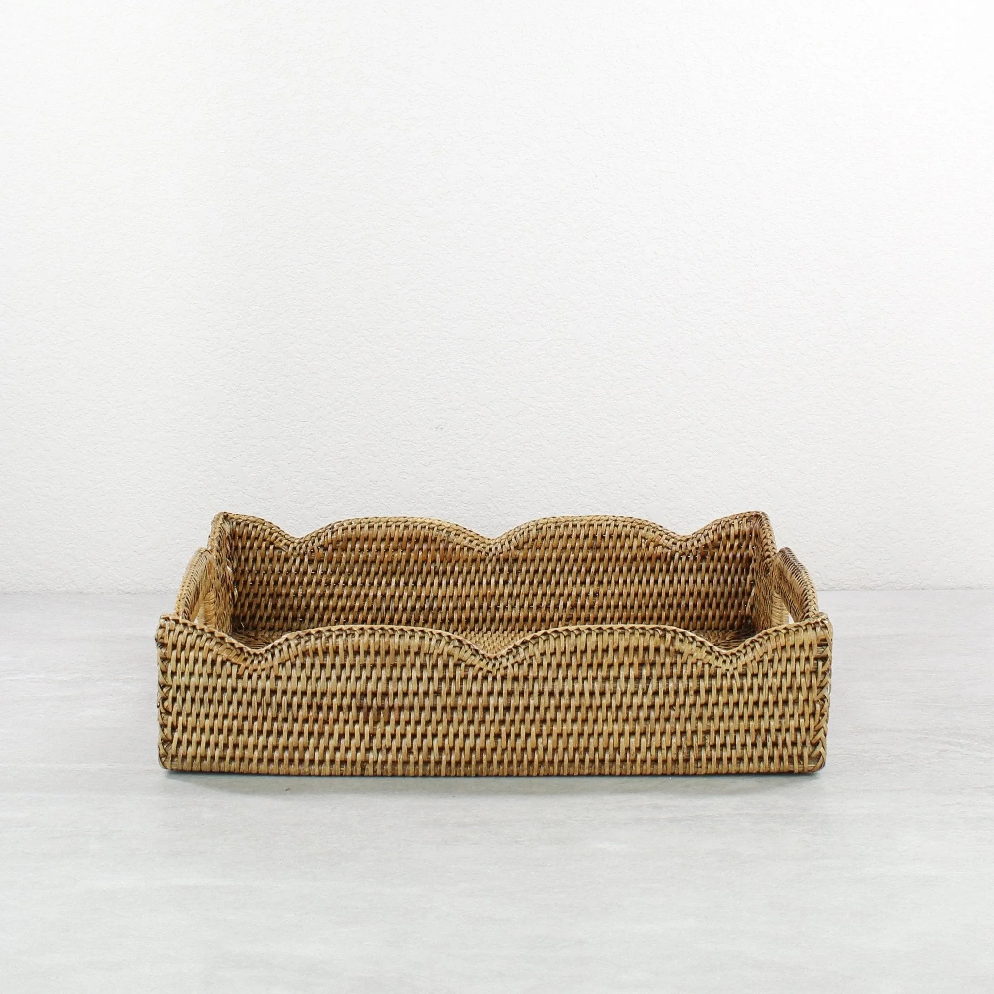 Waved Edge Rattan Tray with Handles-Medium