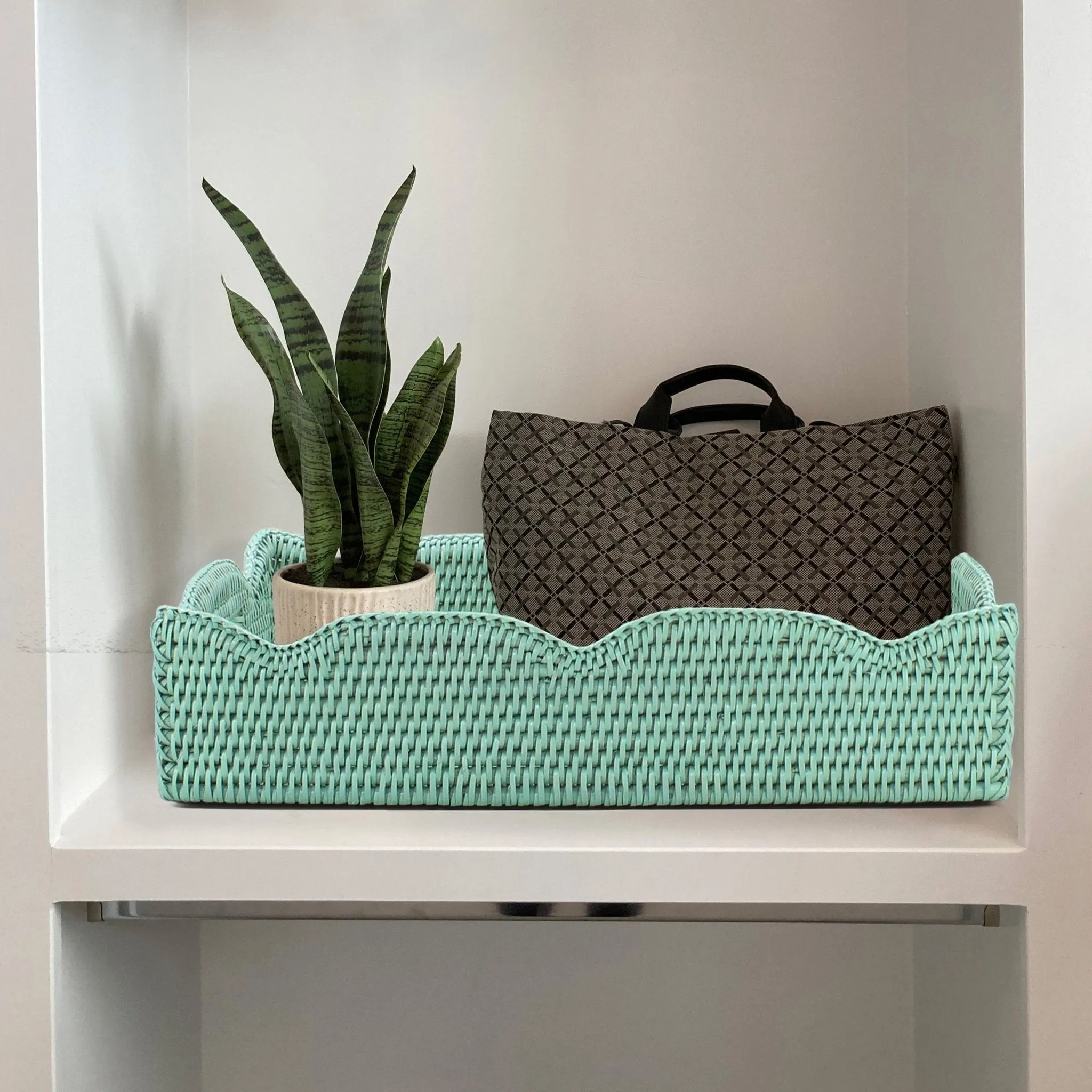Waved Edge Rattan Tray with Handles-Medium