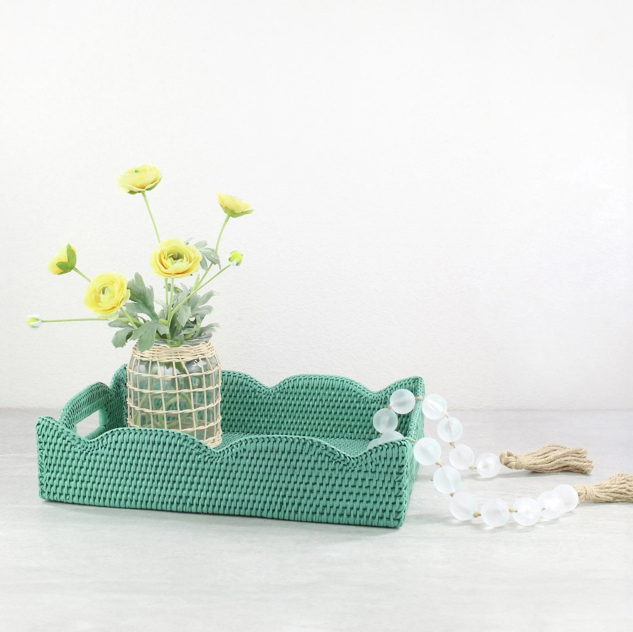 Waved Edge Rattan Tray with Handles-Medium