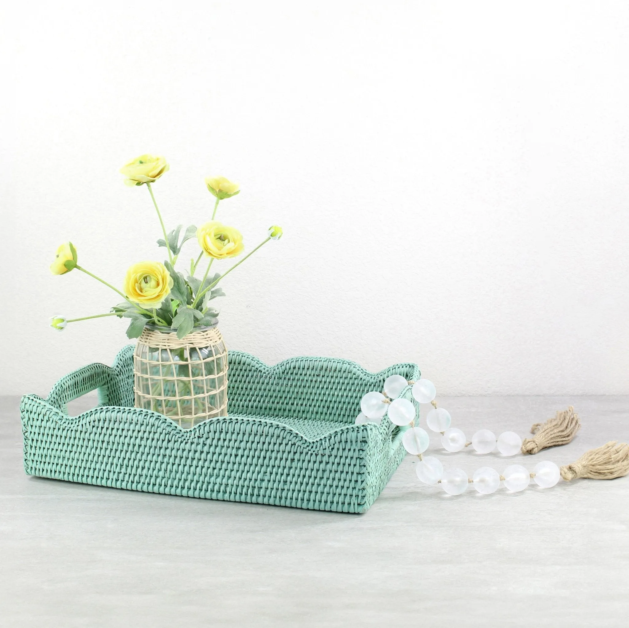 Waved Edge Rattan Tray with Handles-Medium