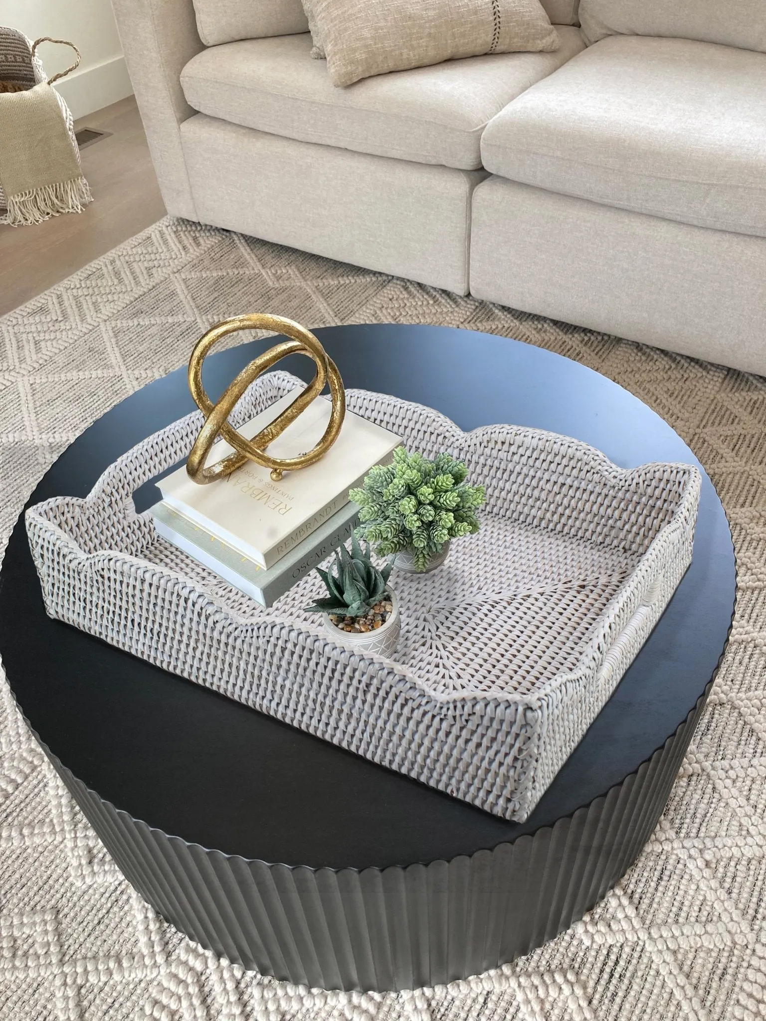 Waved Edge Rattan Tray with Handles-Medium