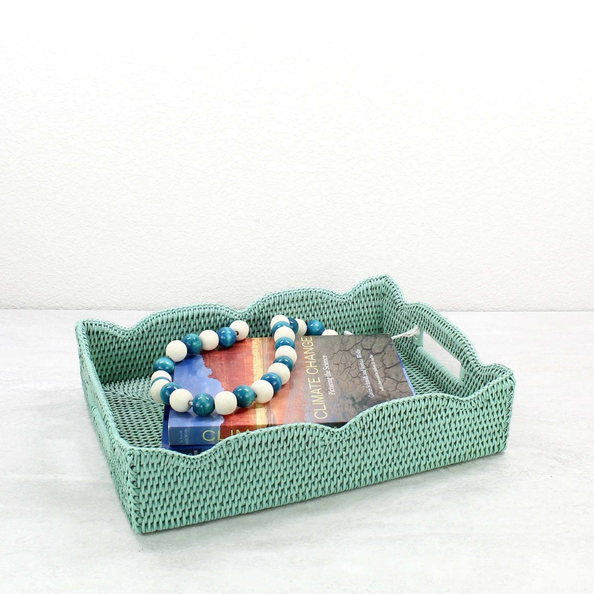Waved Edge Rattan Tray with Handles-Medium