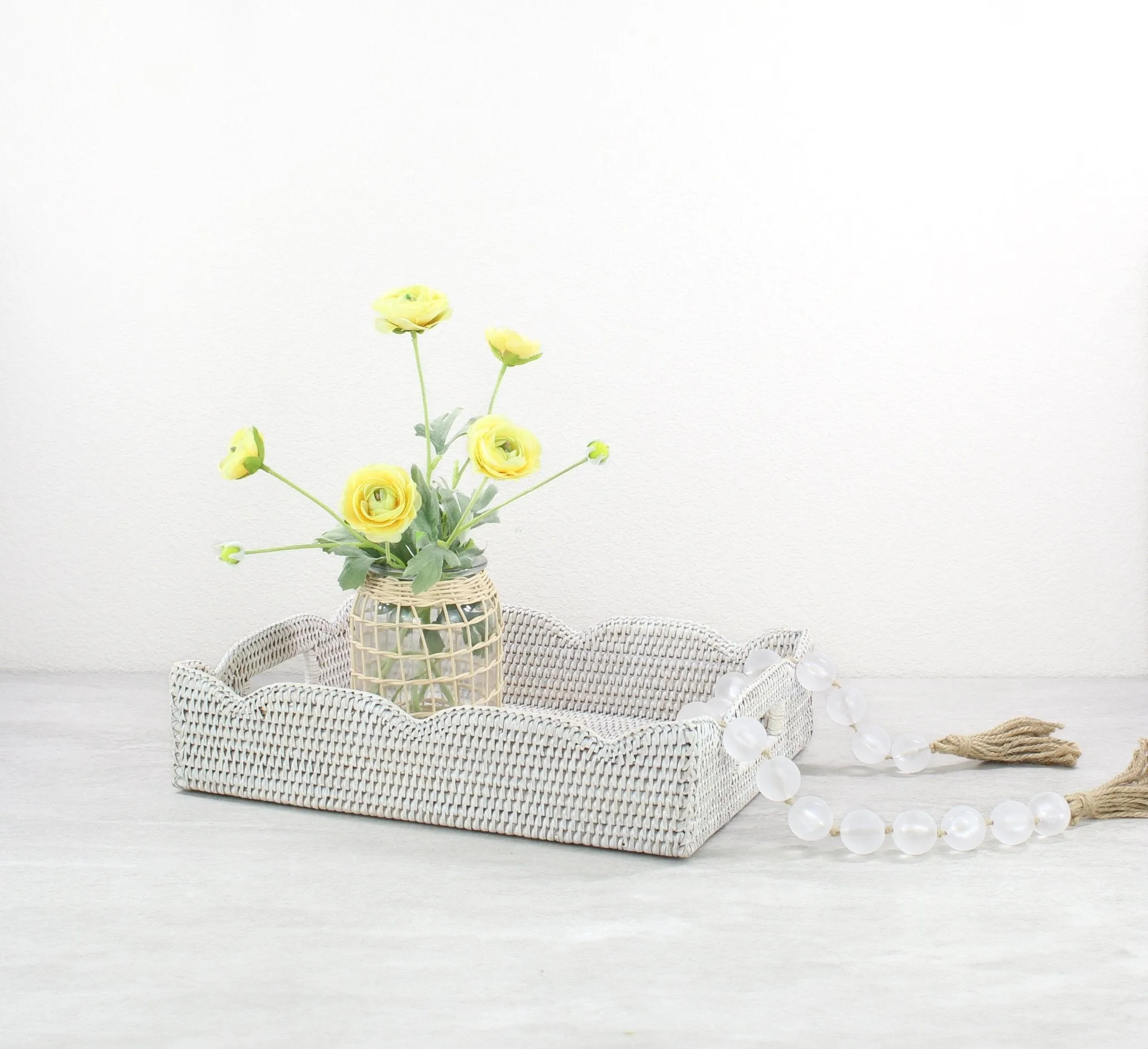 Waved Edge Rattan Tray with Handles-Medium