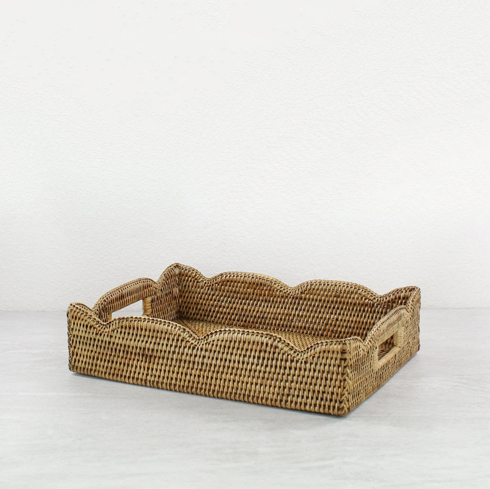 Waved Edge Rattan Tray with Handles-Medium