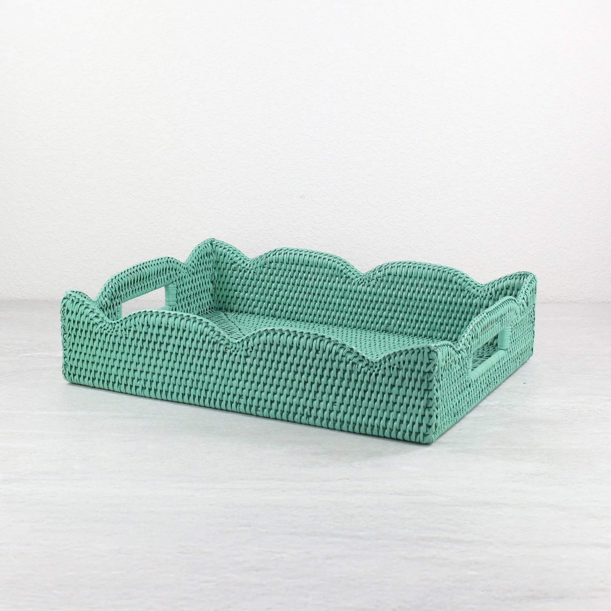 Waved Edge Rattan Tray with Handles-Medium