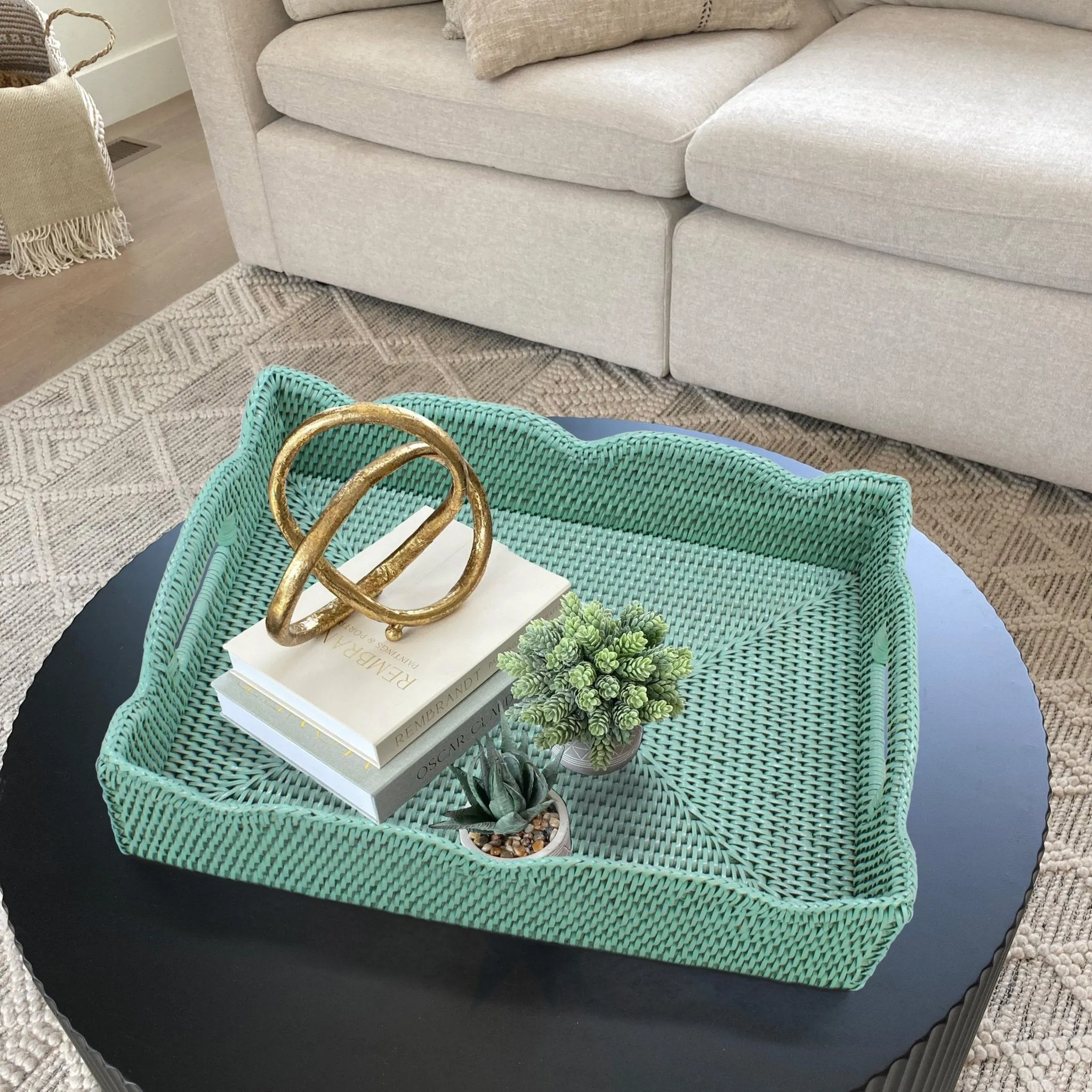 Waved Edge Rattan Tray with Handles-Medium