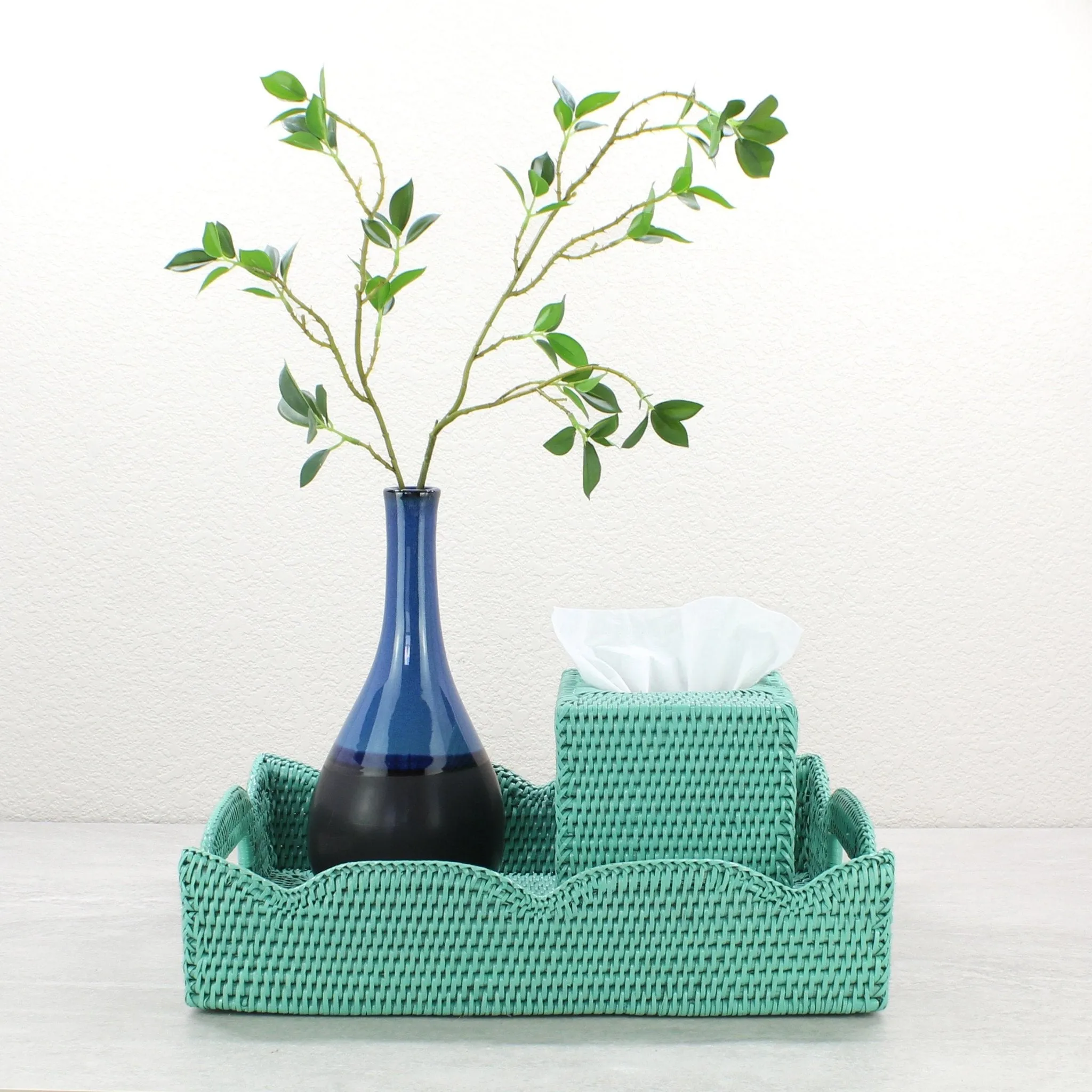 Waved Edge Rattan Tray with Handles-Medium