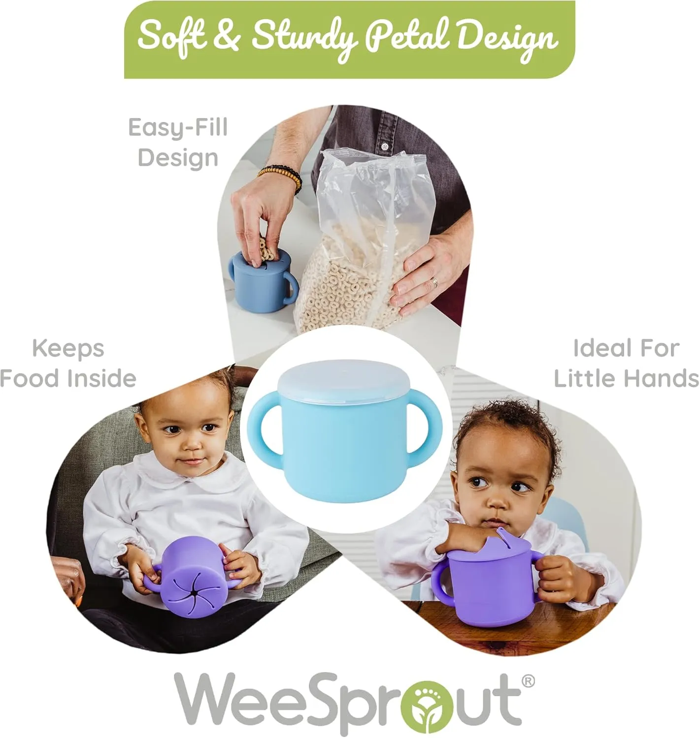 WeeSprout Snack Containers, Food Grade Silicone Cups, Spill-Proof Tops For Toddlers and Babies, Premium Hard Plastic Travel Lids, Dishwasher Safe, Set of 2 Snack Catchers