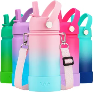 WEREWOLVES 14oz Kids Water Bottle with Straw Lid, Shoulder Strap and Boot - Insulated Stainless Steel, Reusable Leakproof Metal Water Bottles for School Boys Girls (Sweet Taffy, 14 oz)