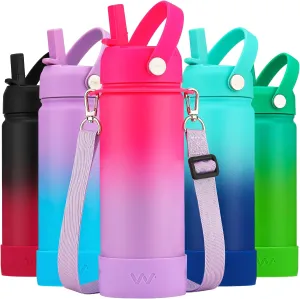WEREWOLVES 18oz Kids Water Bottle with Straw Lid, Shoulder Strap and Boot - Insulated Stainless Steel, Reusable Leakproof Metal Water Bottles for School Boys Girls (Rose/Lilac, 18 oz)