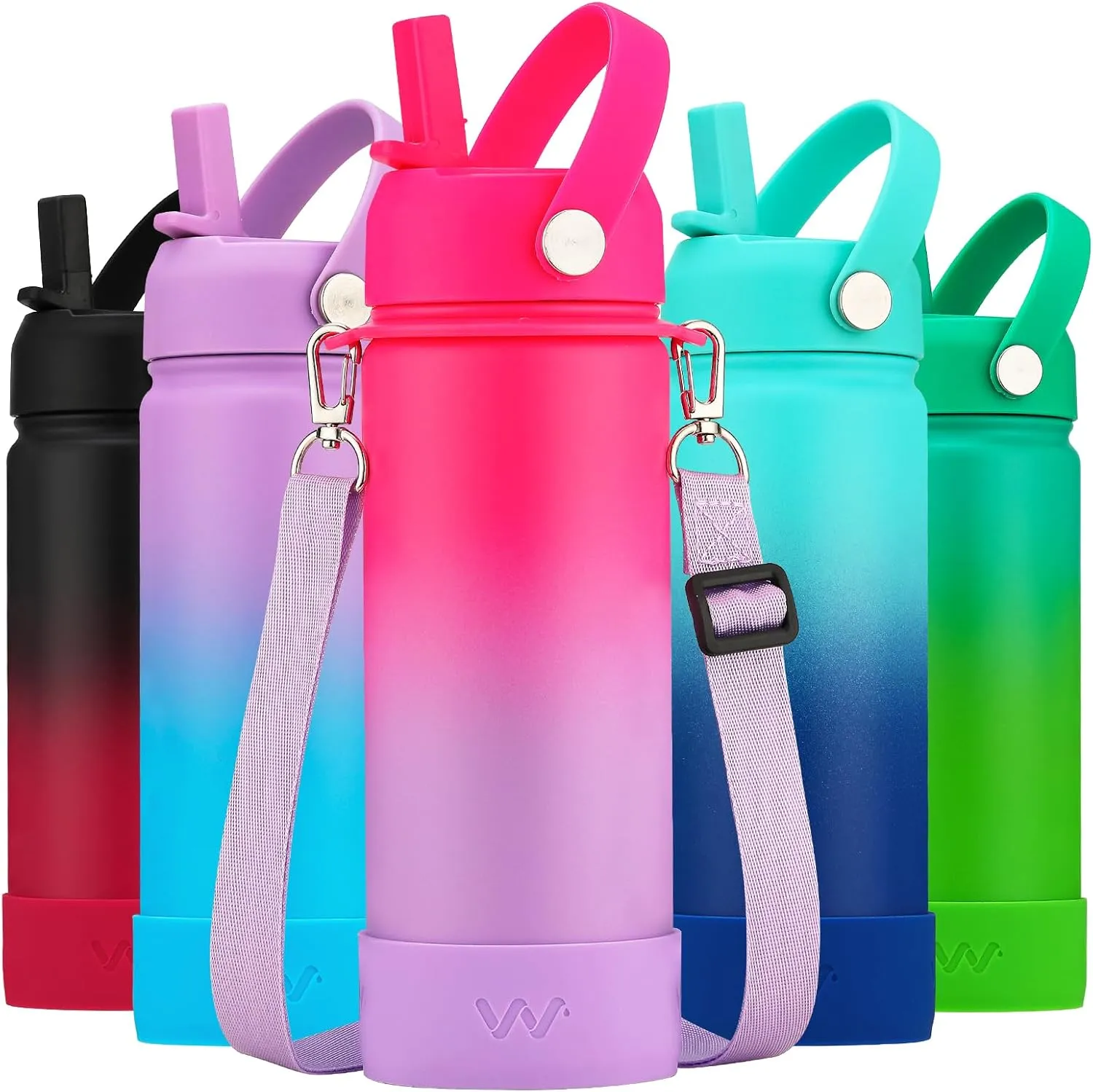 WEREWOLVES 18oz Kids Water Bottle with Straw Lid, Shoulder Strap and Boot - Insulated Stainless Steel, Reusable Leakproof Metal Water Bottles for School Boys Girls (Rose/Lilac, 18 oz)