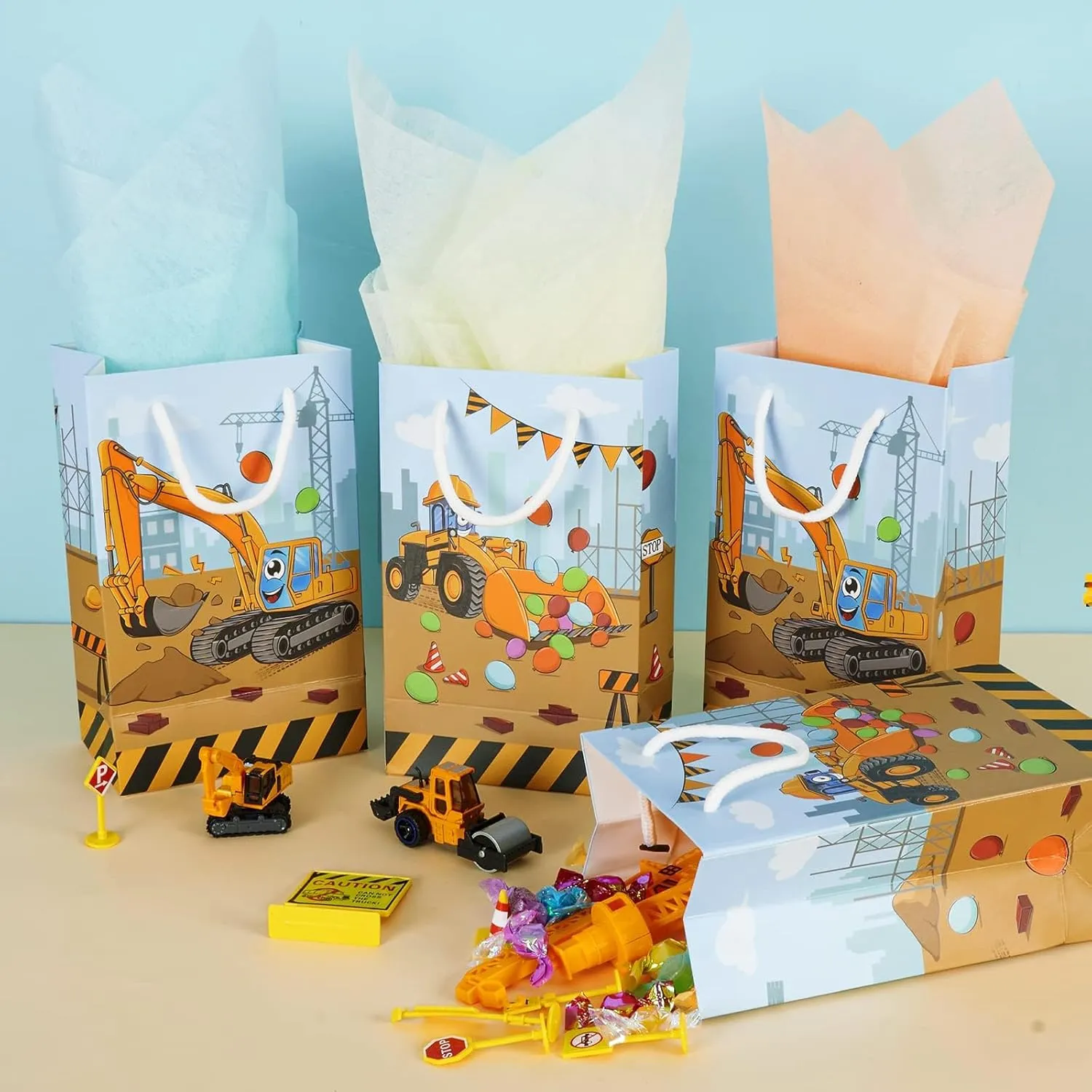 WERNNSAI 16PCS Construction Party Favor Bags - Construction Theme Birthday Party Bags for Boys Truck Vehicle Goodie Gift Bags Construction Party Supplies Birthday Baby Shower Party Bags with Handles