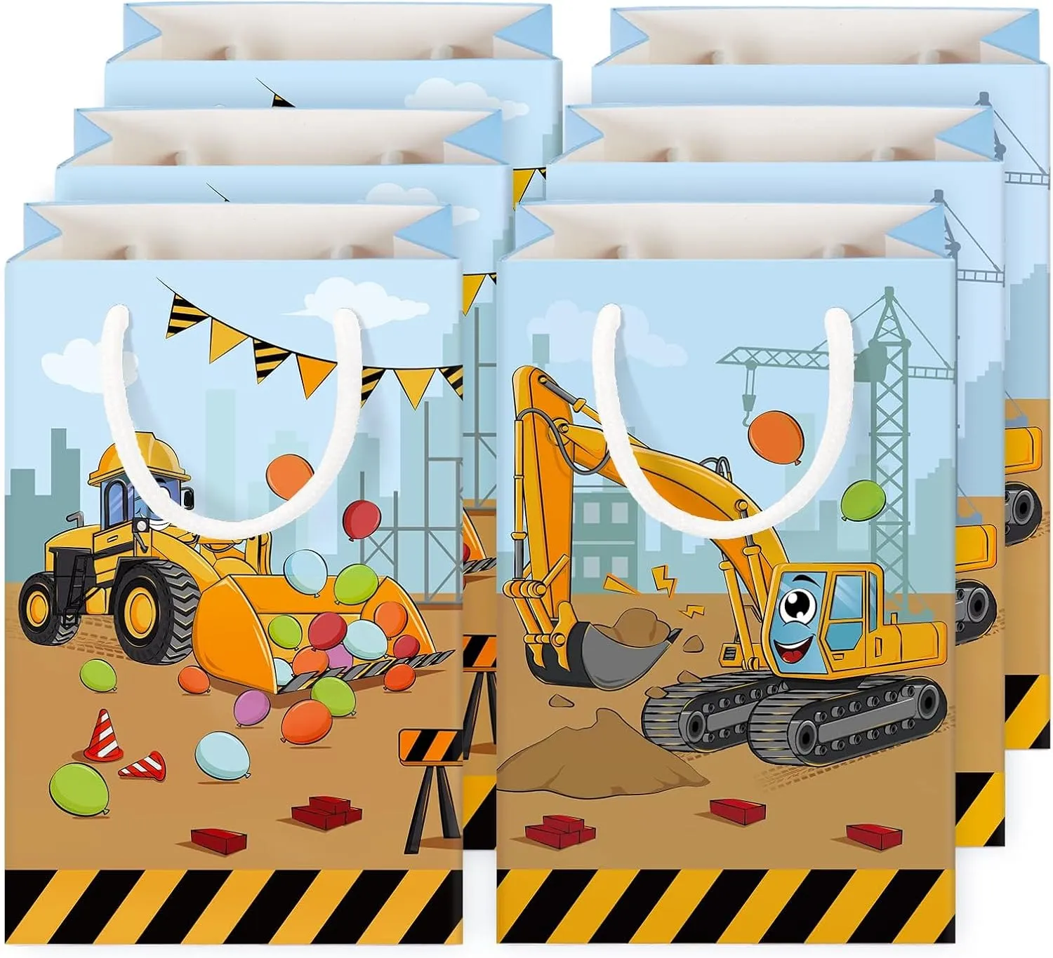 WERNNSAI 16PCS Construction Party Favor Bags - Construction Theme Birthday Party Bags for Boys Truck Vehicle Goodie Gift Bags Construction Party Supplies Birthday Baby Shower Party Bags with Handles