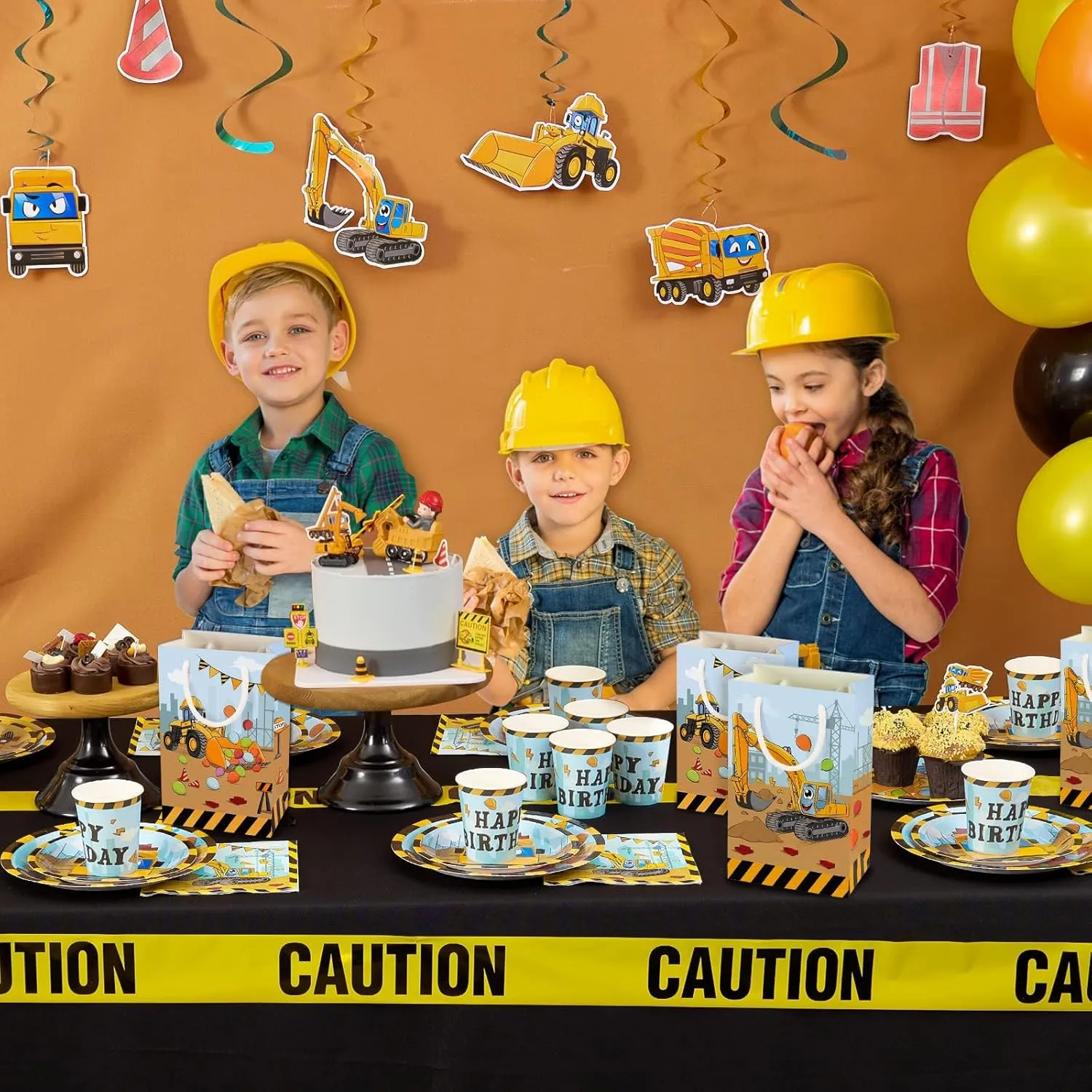 WERNNSAI 16PCS Construction Party Favor Bags - Construction Theme Birthday Party Bags for Boys Truck Vehicle Goodie Gift Bags Construction Party Supplies Birthday Baby Shower Party Bags with Handles