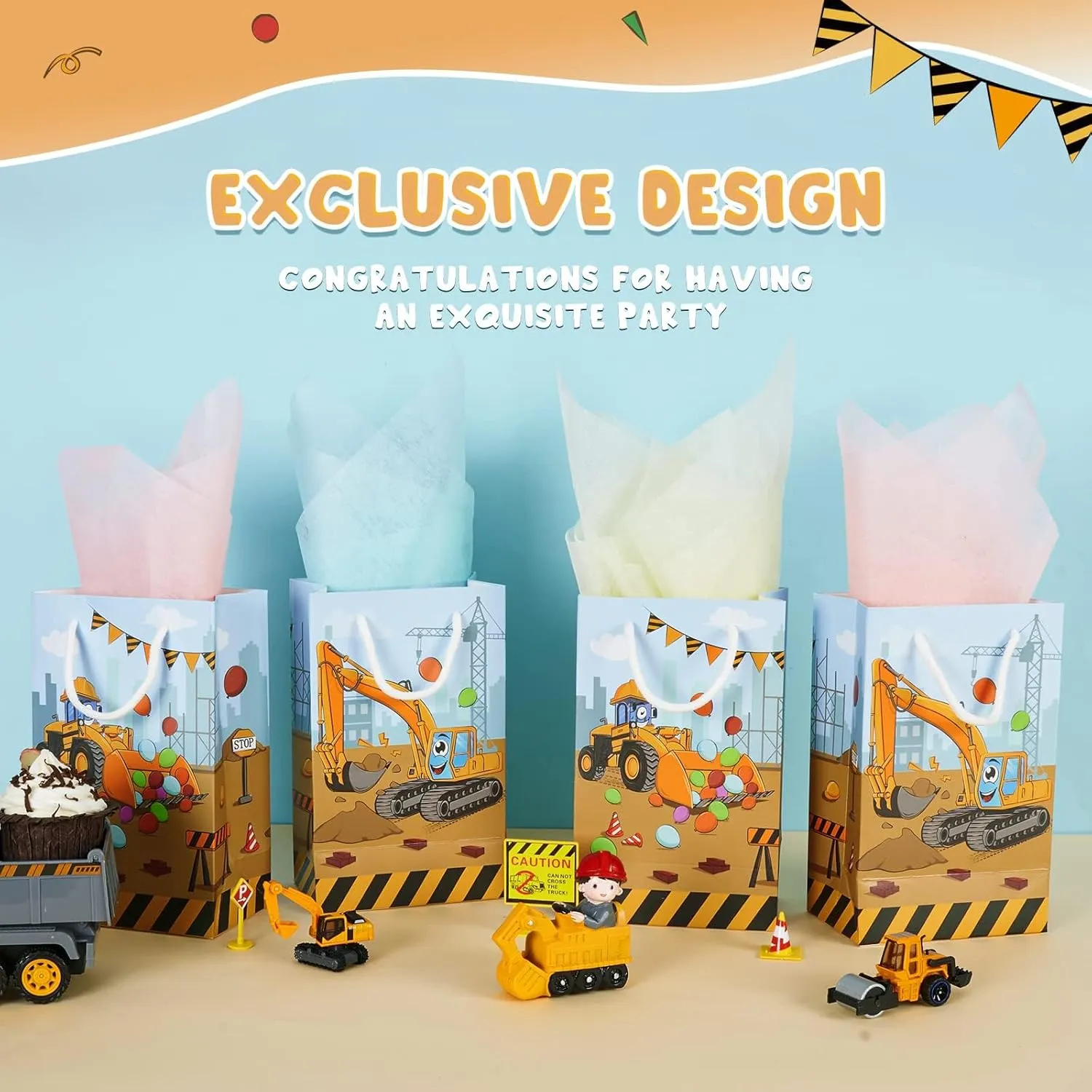 WERNNSAI 16PCS Construction Party Favor Bags - Construction Theme Birthday Party Bags for Boys Truck Vehicle Goodie Gift Bags Construction Party Supplies Birthday Baby Shower Party Bags with Handles