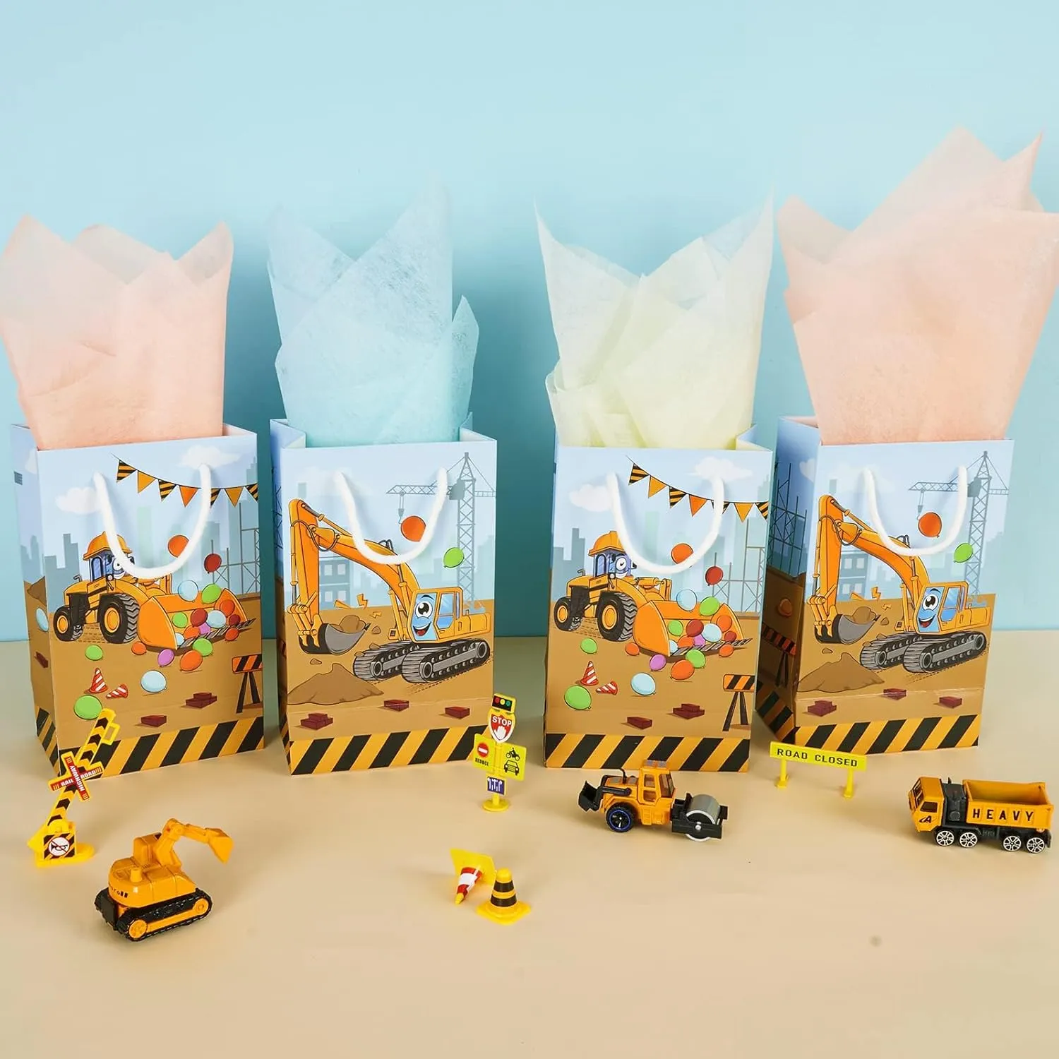 WERNNSAI 16PCS Construction Party Favor Bags - Construction Theme Birthday Party Bags for Boys Truck Vehicle Goodie Gift Bags Construction Party Supplies Birthday Baby Shower Party Bags with Handles