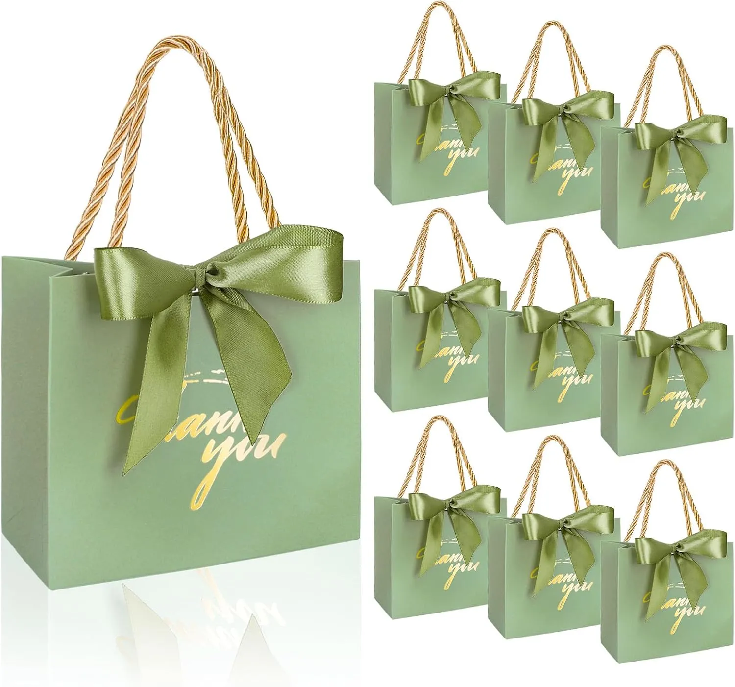 Whaline 50Pcs Thank You Paper Gift Bags with Bow Sage Green Party Favor Bags with Handles for Wedding Bridal Baby Shower Birthday Party (Assembly Required)
