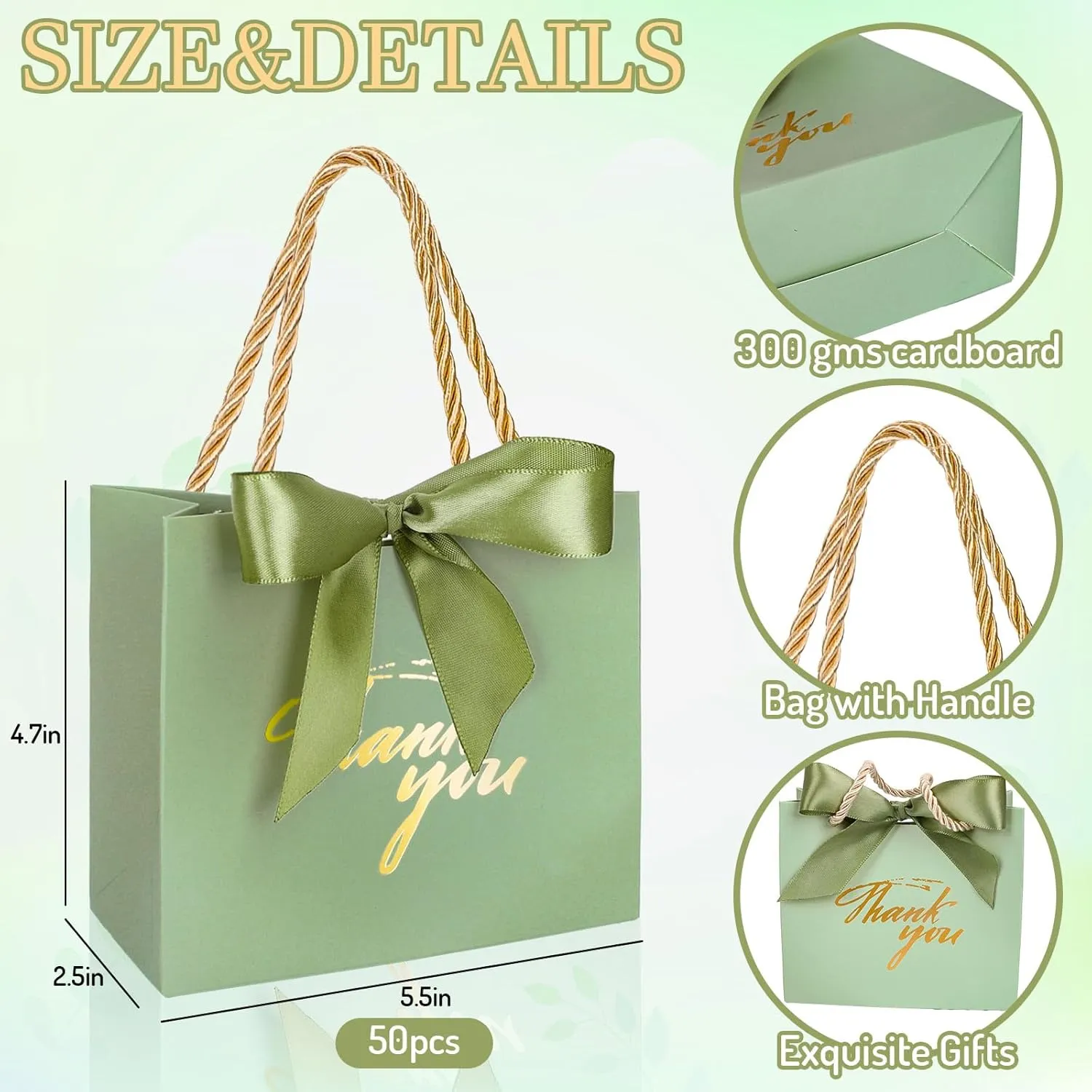 Whaline 50Pcs Thank You Paper Gift Bags with Bow Sage Green Party Favor Bags with Handles for Wedding Bridal Baby Shower Birthday Party (Assembly Required)
