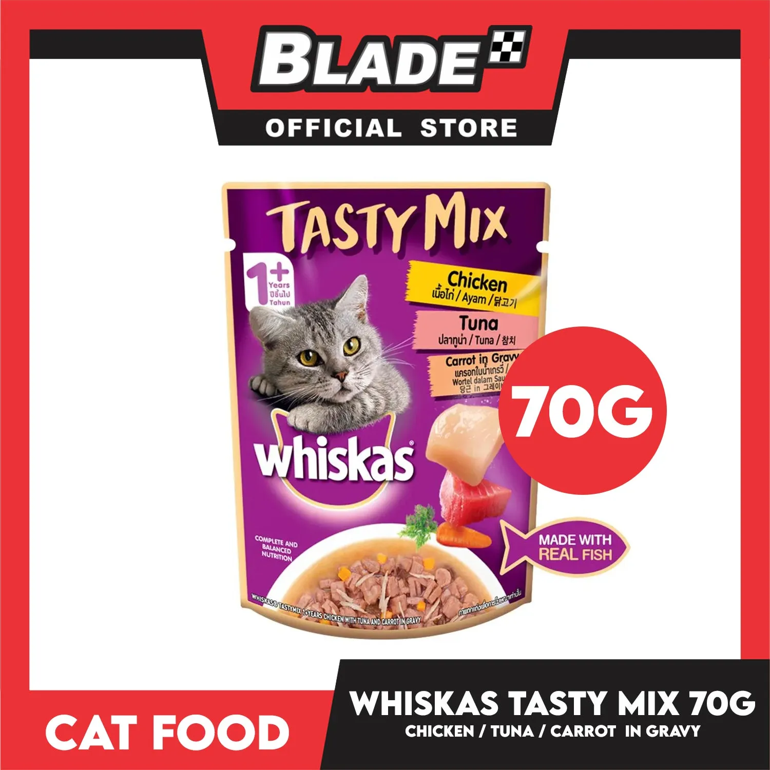 Whiskas Tasty Mix For Adult 1  Year Cat Food 70g (Chicken Tuna Carrot In Gravy) Cat Wet Food, Cat Pouch Food