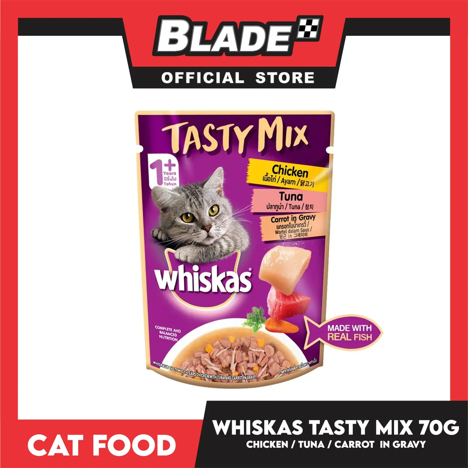 Whiskas Tasty Mix For Adult 1  Year Cat Food 70g (Chicken Tuna Carrot In Gravy) Cat Wet Food, Cat Pouch Food