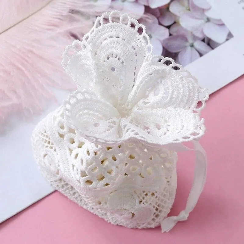 White Lace Drawstring Bags Wedding Favour Bags 100x140mm