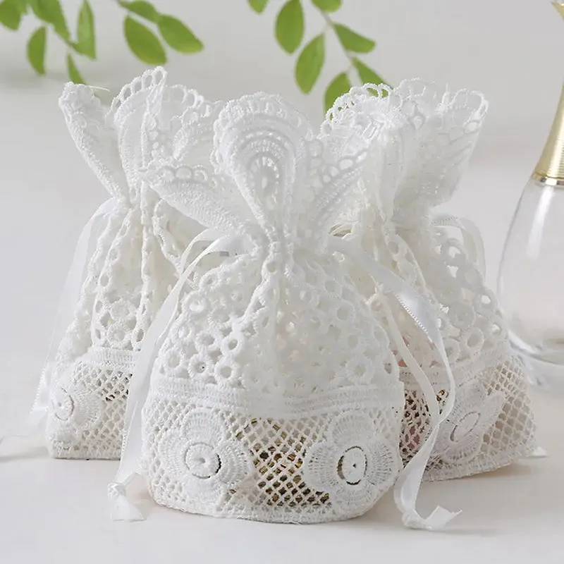 White Lace Drawstring Bags Wedding Favour Bags 100x140mm