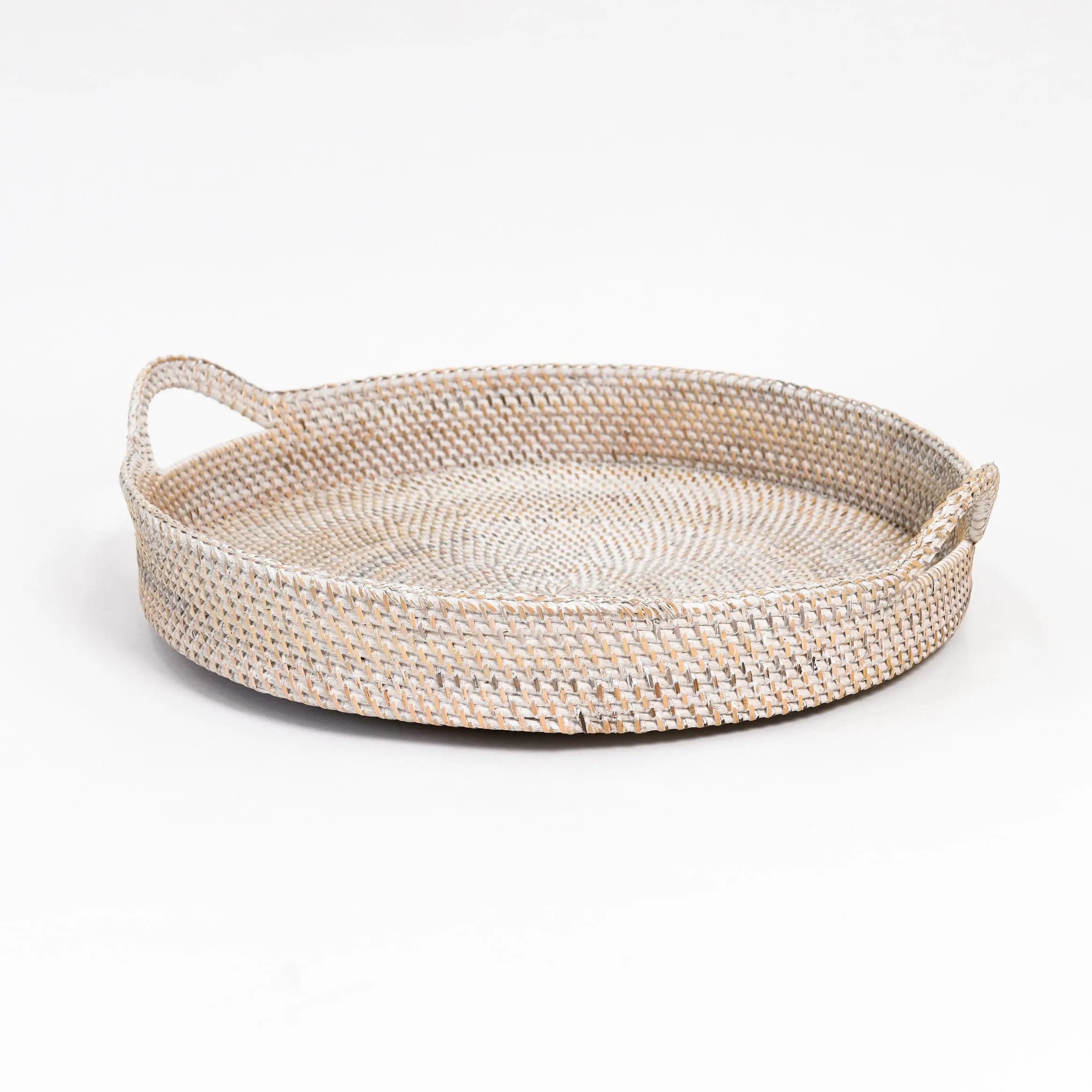 WHITE ROUND RATTAN TRAY WITH HANDLES | LARGE