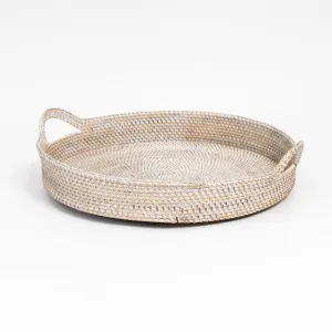 WHITE ROUND RATTAN TRAY WITH HANDLES | LARGE