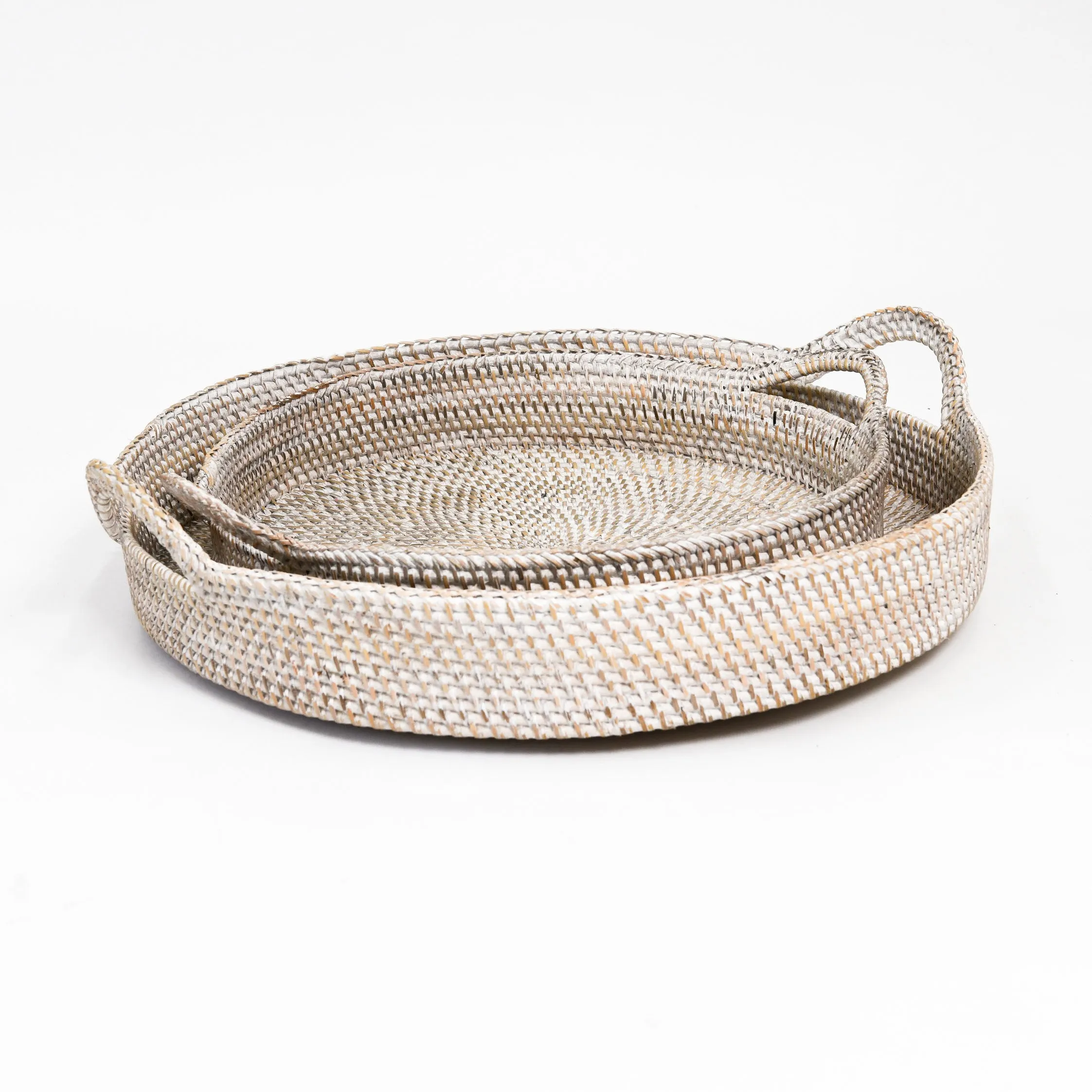 WHITE ROUND RATTAN TRAY WITH HANDLES | LARGE