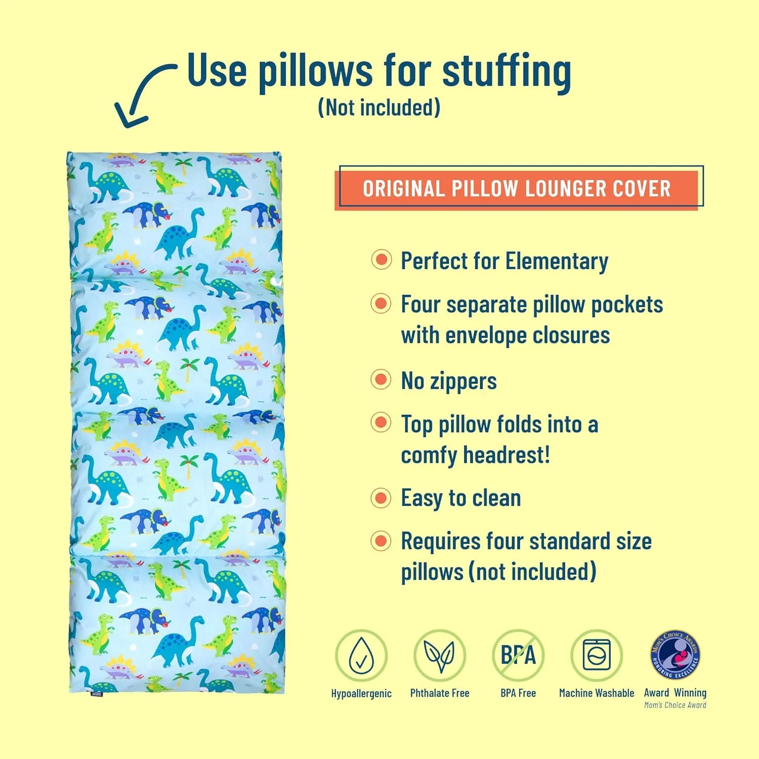 Wildkin Kids Floor Lounger – Pillow Lounger, Travel-Friendly, Ideal for Sleepovers, Fits Standard Pillows - Dinosaur Land