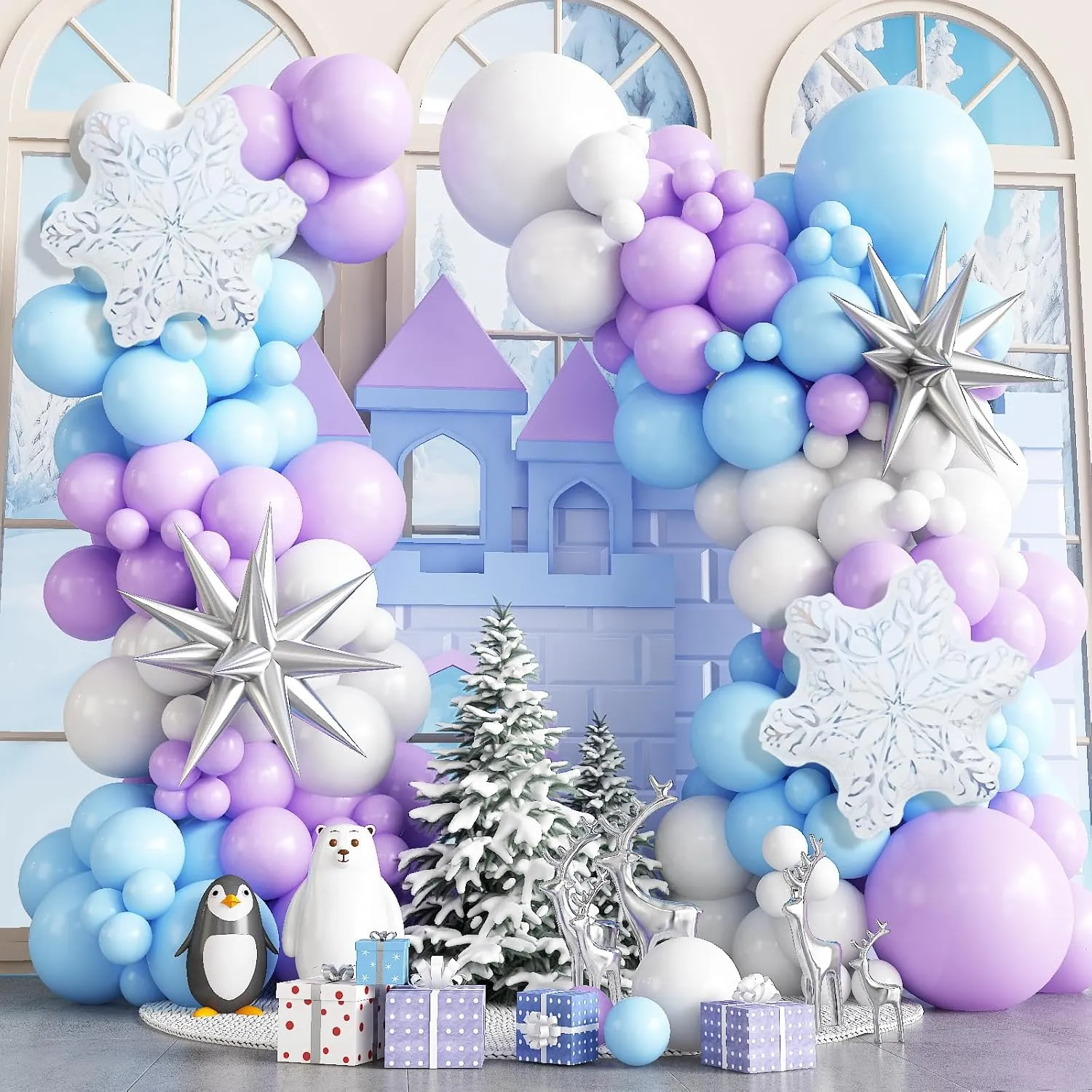 Winter Wonderland Balloon Arch Garland Kit, Baby Blue Purple Balloons with Spike Star Snowflake Foil Balloons for Ice Wonderland Christmas Baby Shower Snow Princess Birthday Party Decorations Supplies
